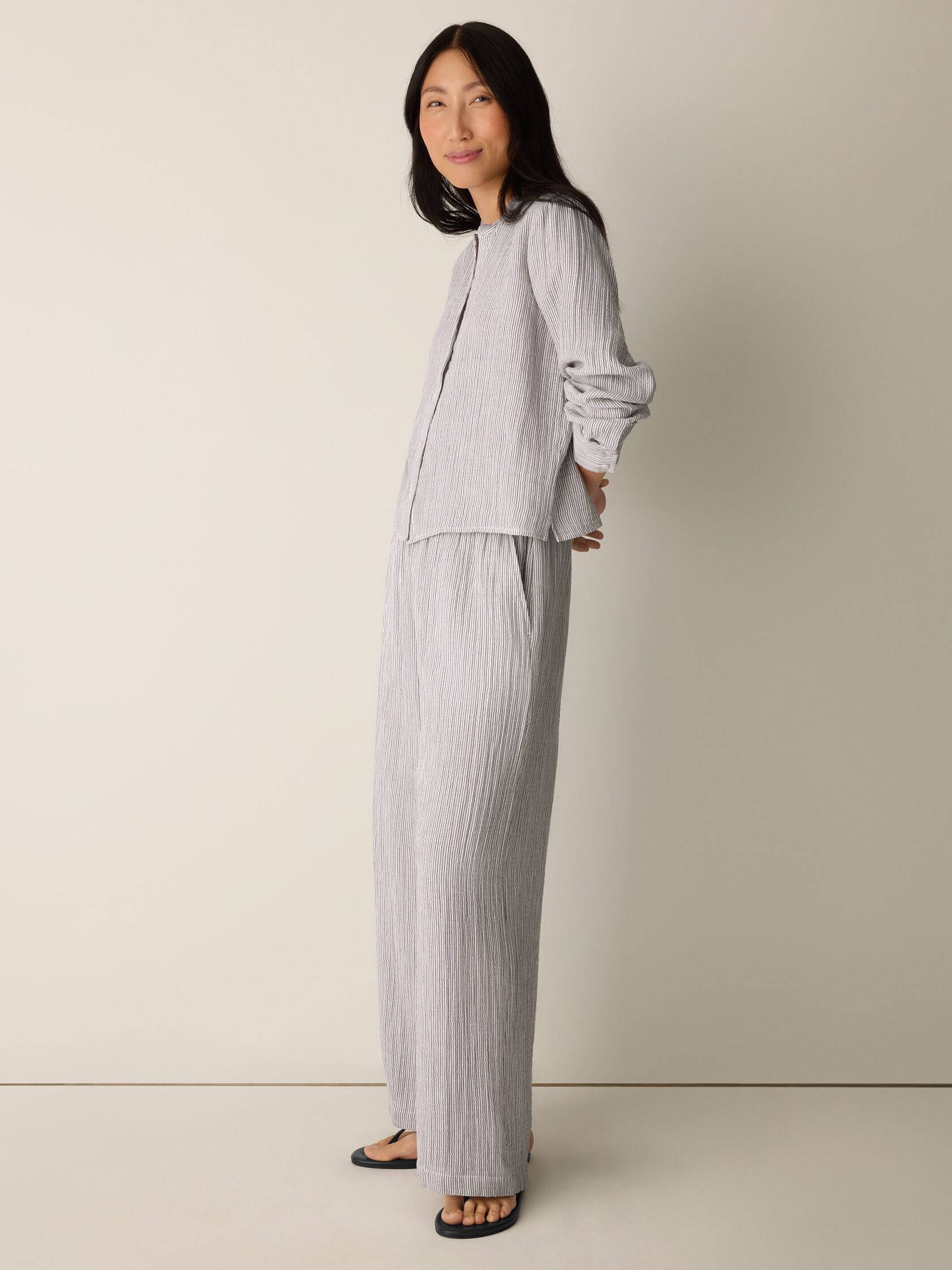 Striped Organic Cotton Gauze Band Collar Shirt