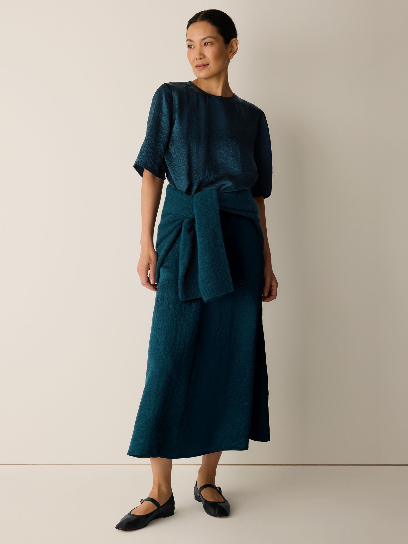 Textured Satin Round Neck Elbow-Sleeve Top