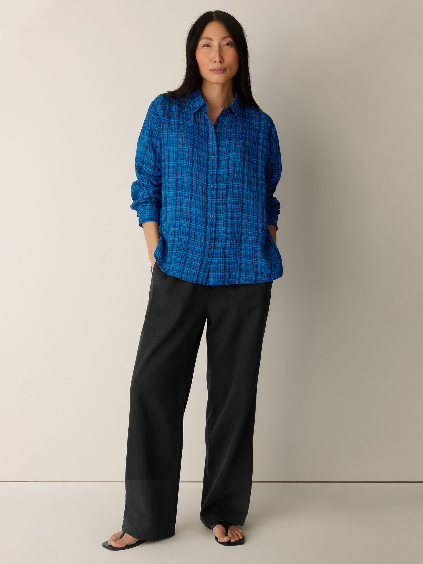 Puckered Organic Linen Plaid Classic Collar Shirt