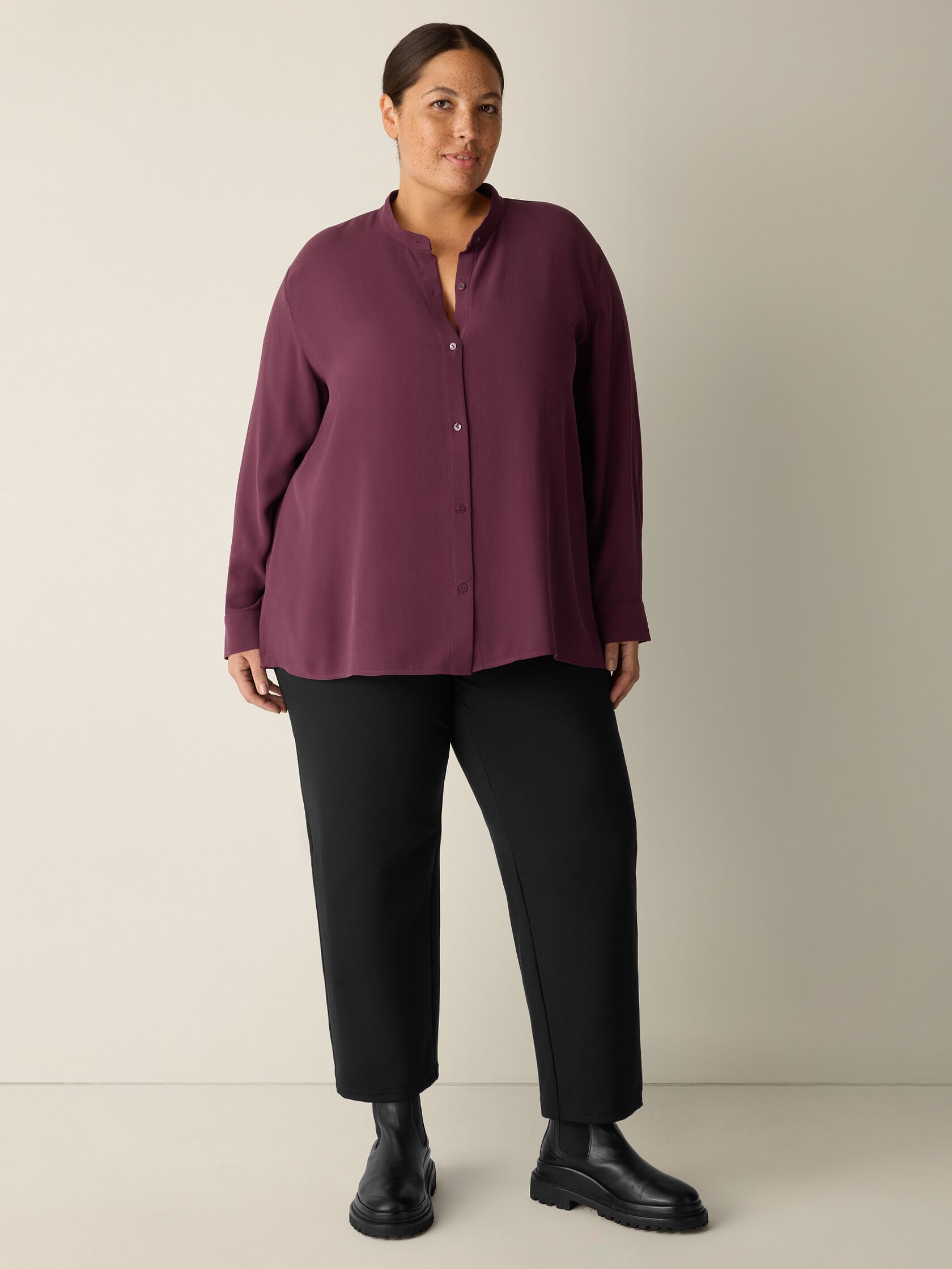 Silk Georgette Crepe Band Collar Top