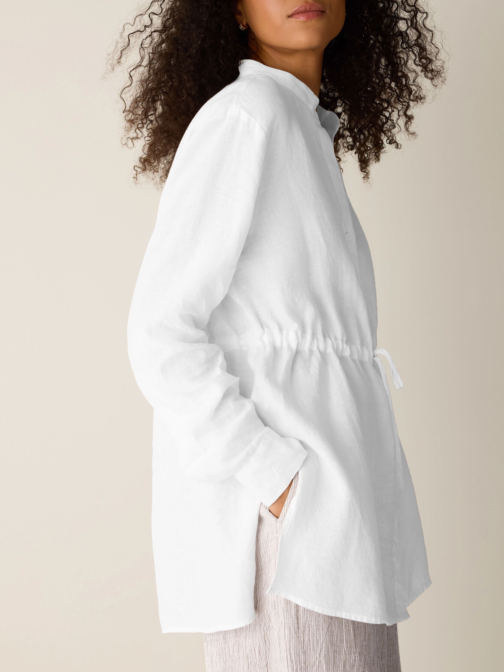 Organic Handkerchief Linen Band Collar Drawstring Shirt