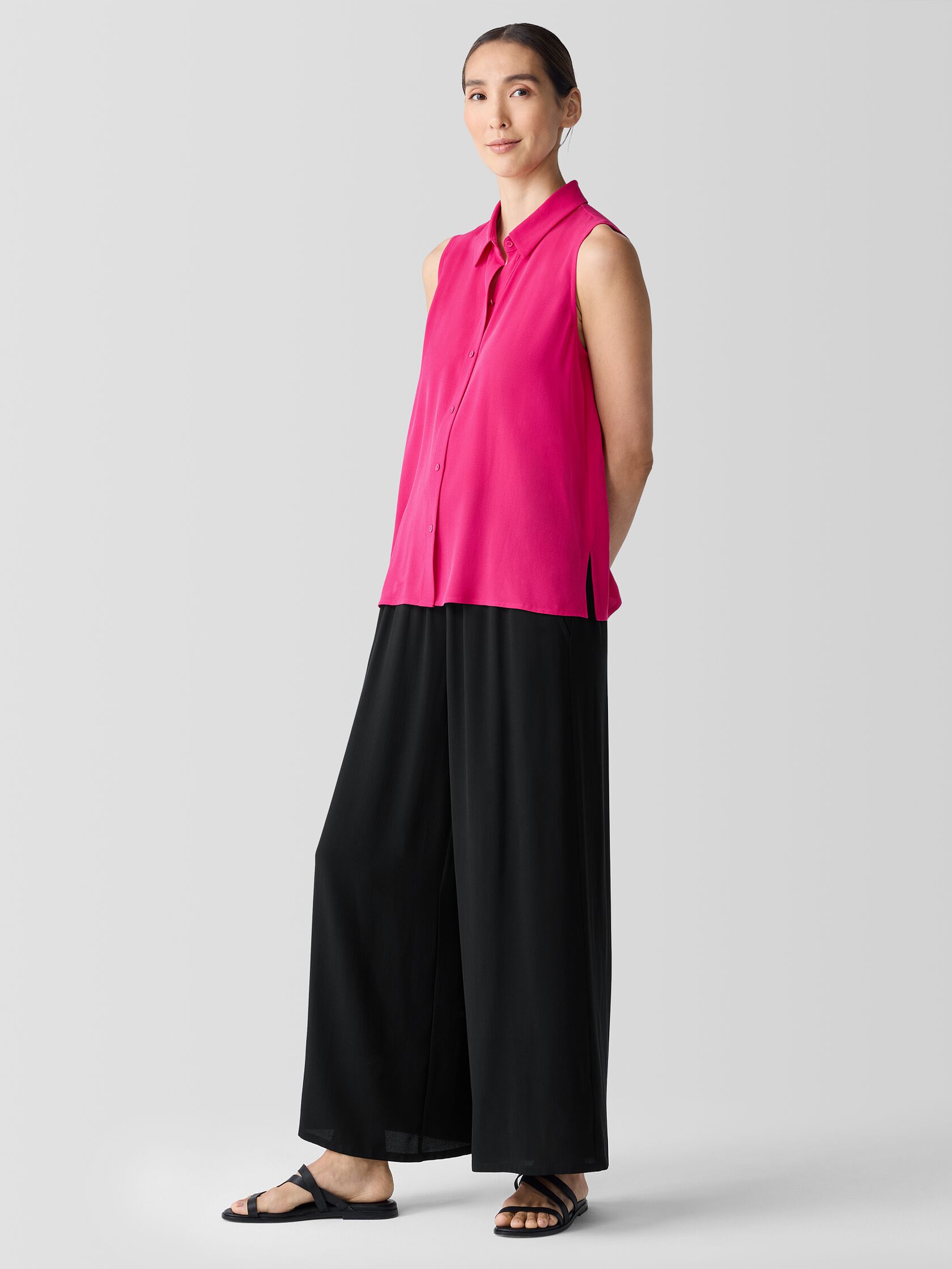 Silk Georgette Crepe Classic Collar Sleeveless Shirt