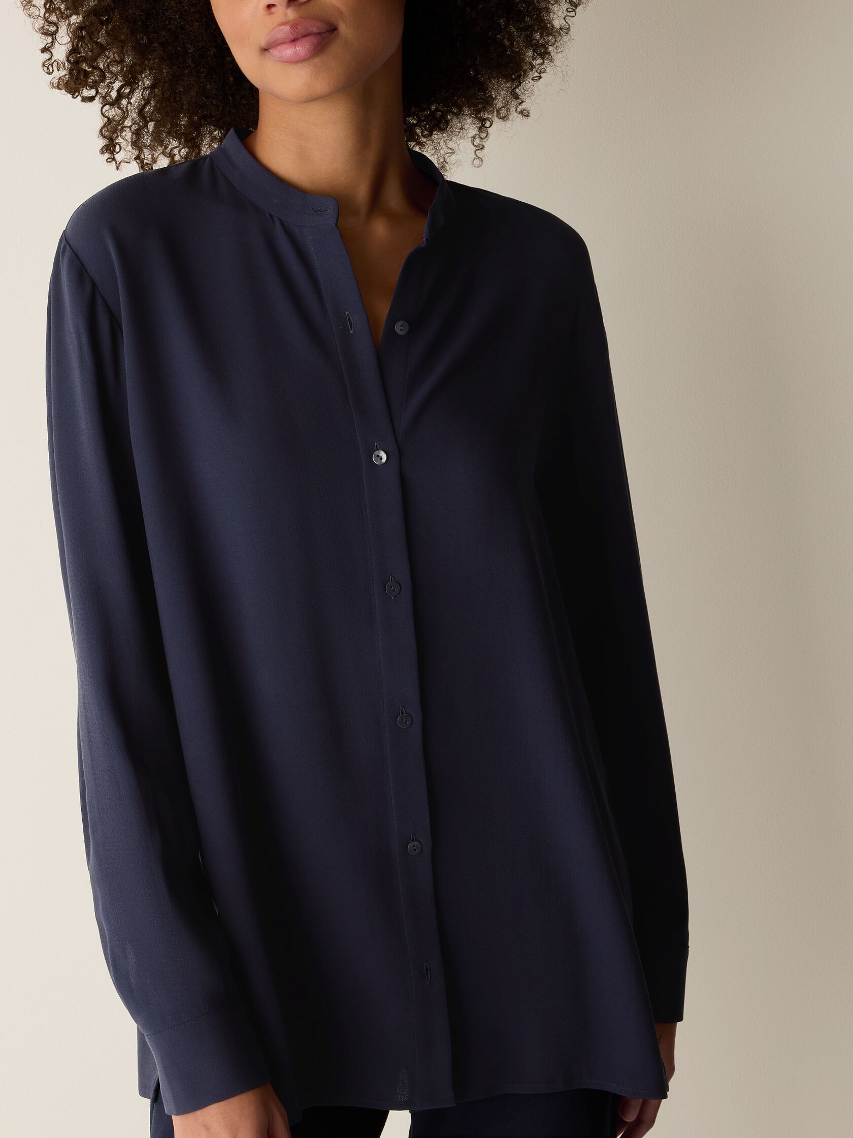 Silk Georgette Crepe Band Collar Shirt