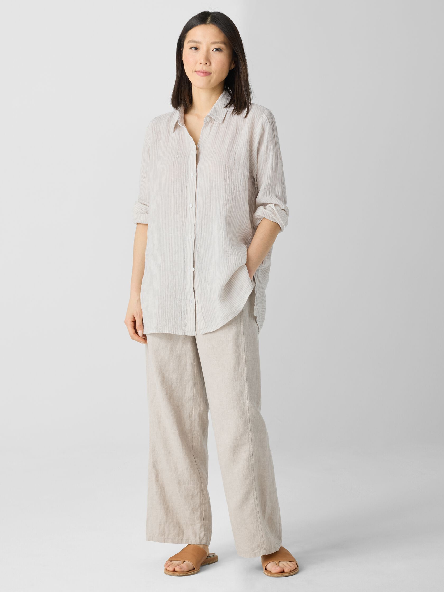 Puckered Organic Linen Stripe Classic Collar Shirt