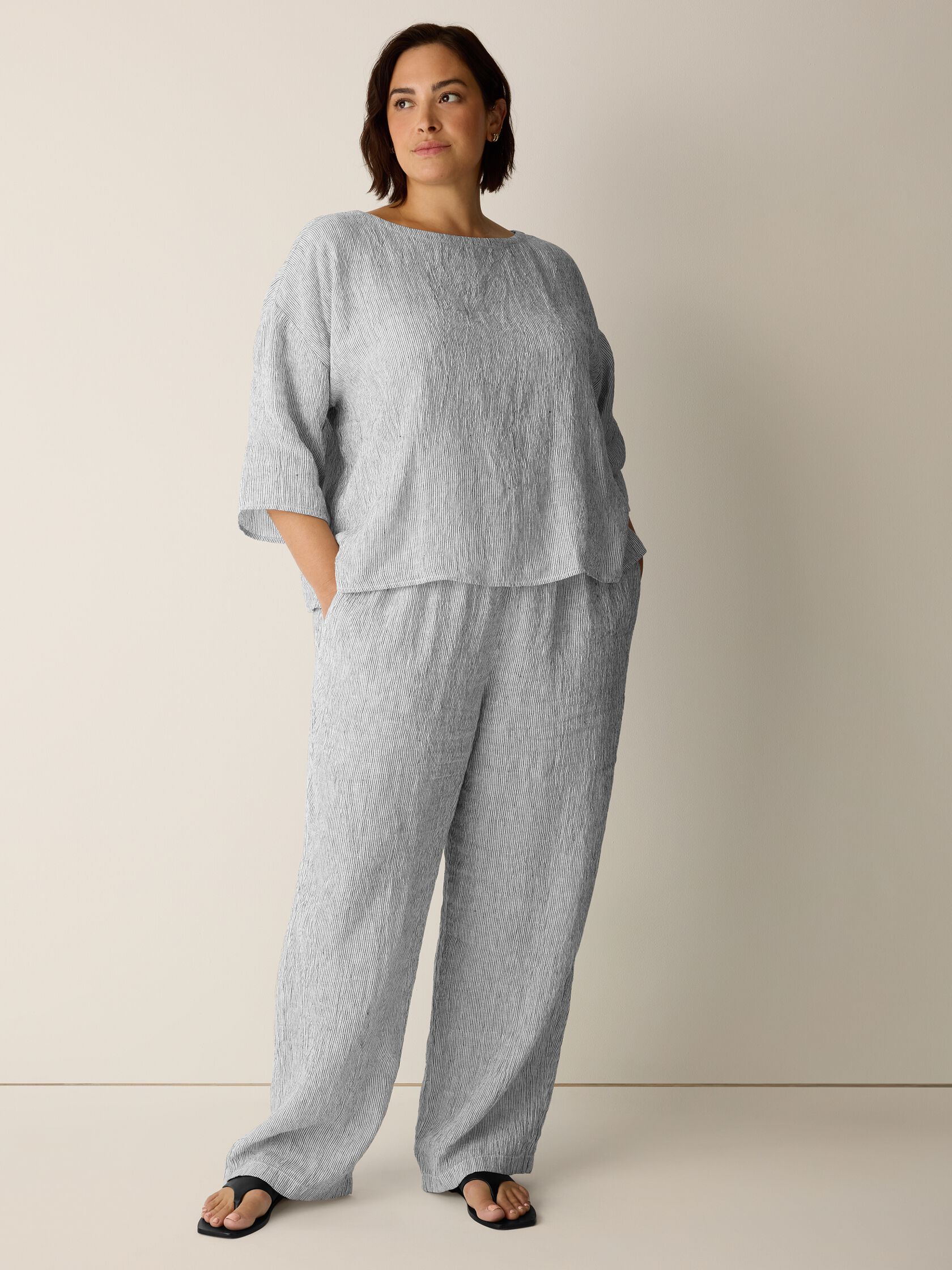 Puckered Organic Linen Stripe Straight Pant