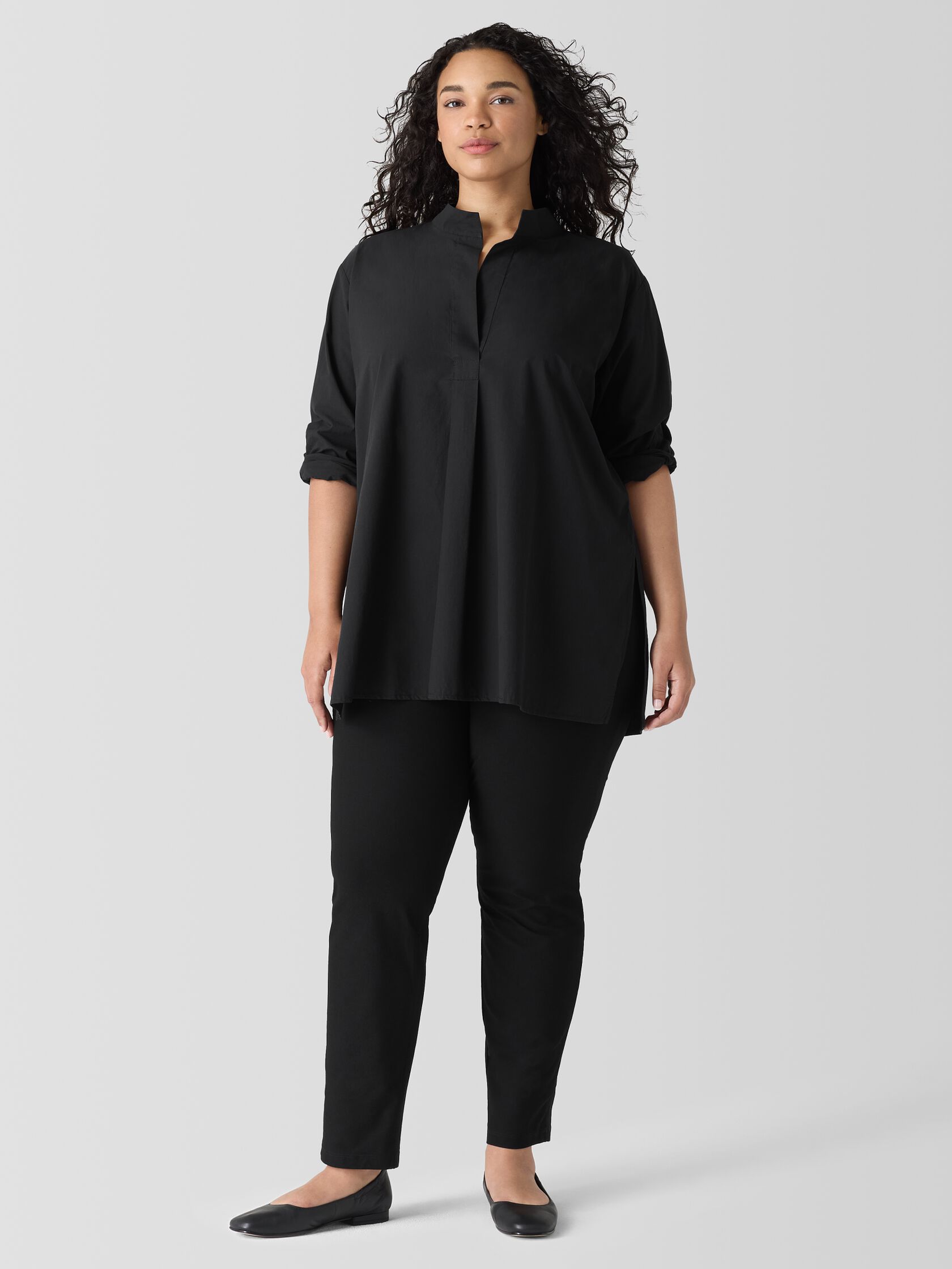 Washed Organic Cotton Poplin Stand Collar Top