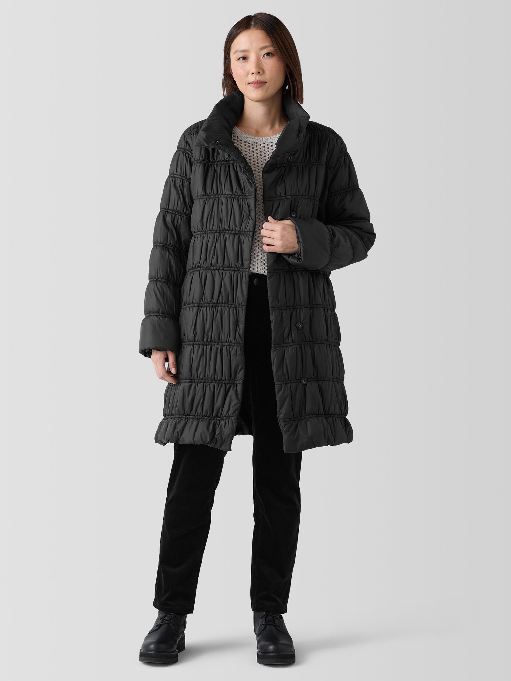 Eggshell Recycled Nylon Stand Collar Coat