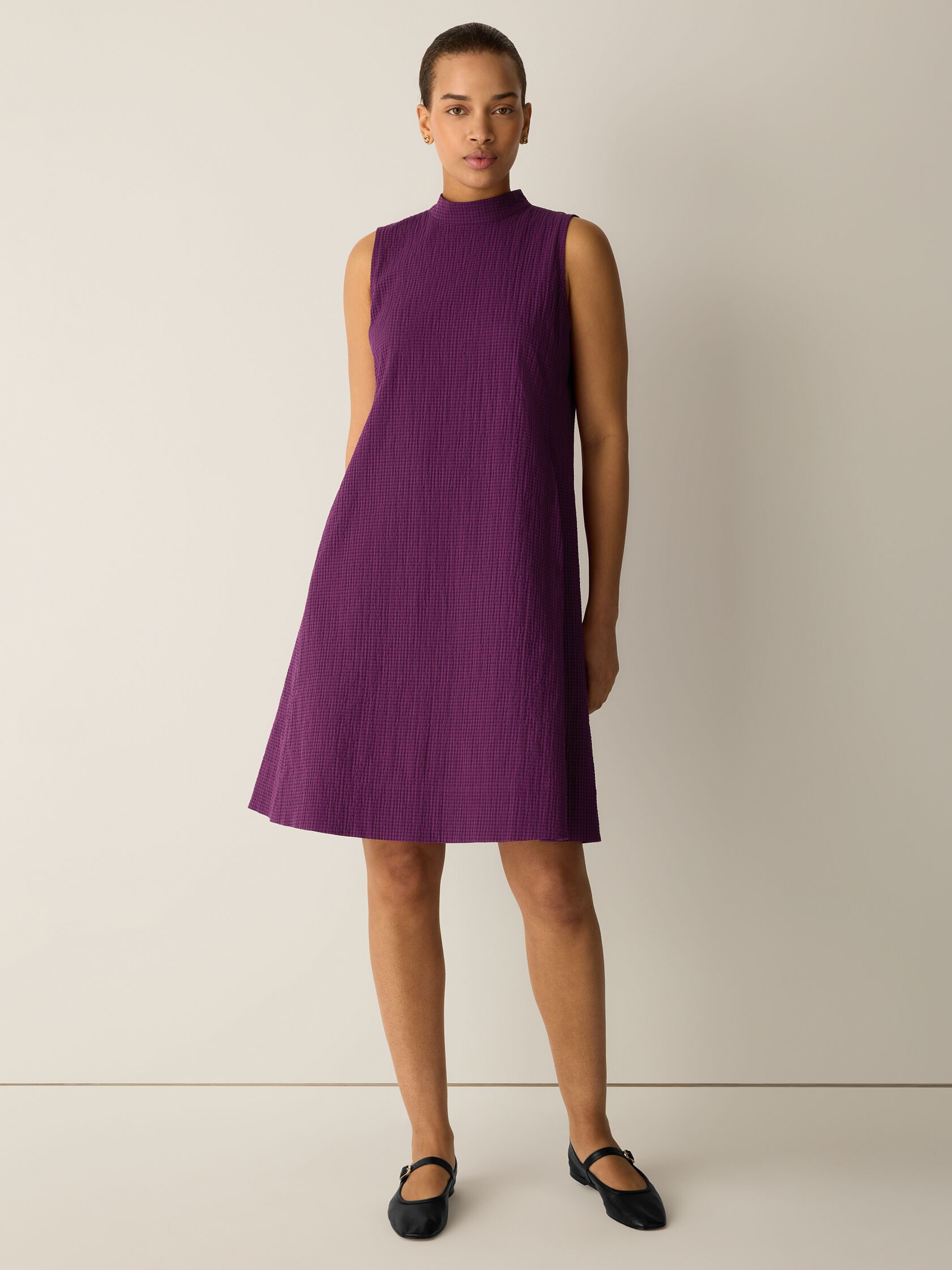 Organic Cotton Pucker Check Mock Neck Dress