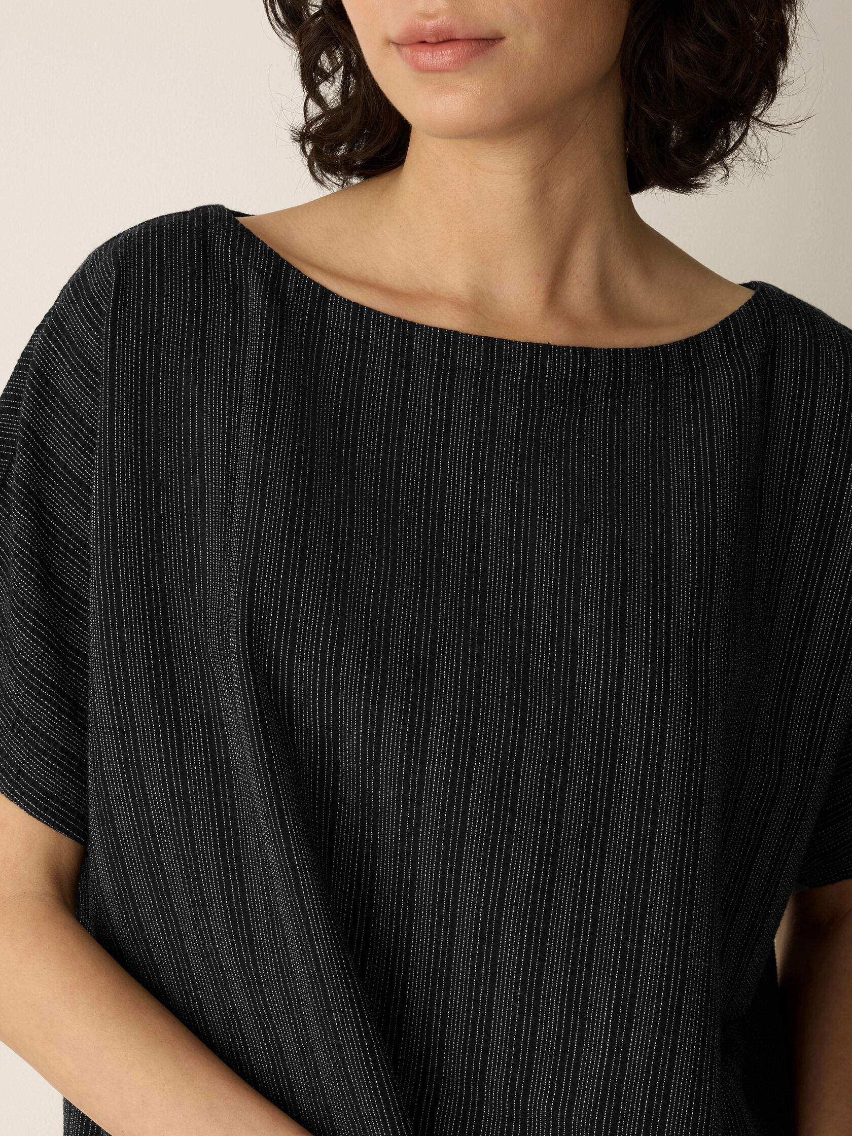 Cotton Blend Stripe Stitch Bateau Neck Top