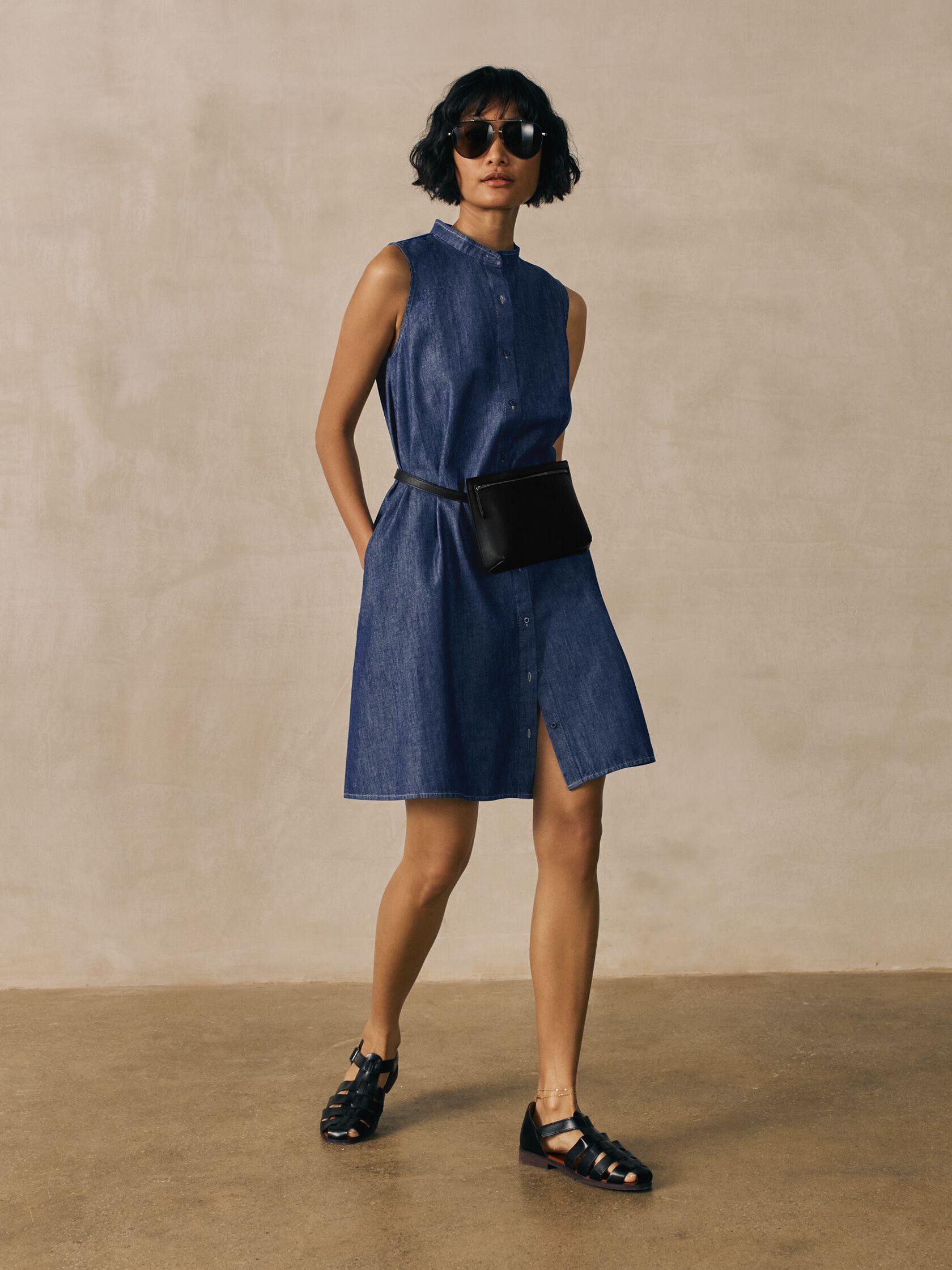 Lightweight Organic Cotton Denim Band Collar Dress