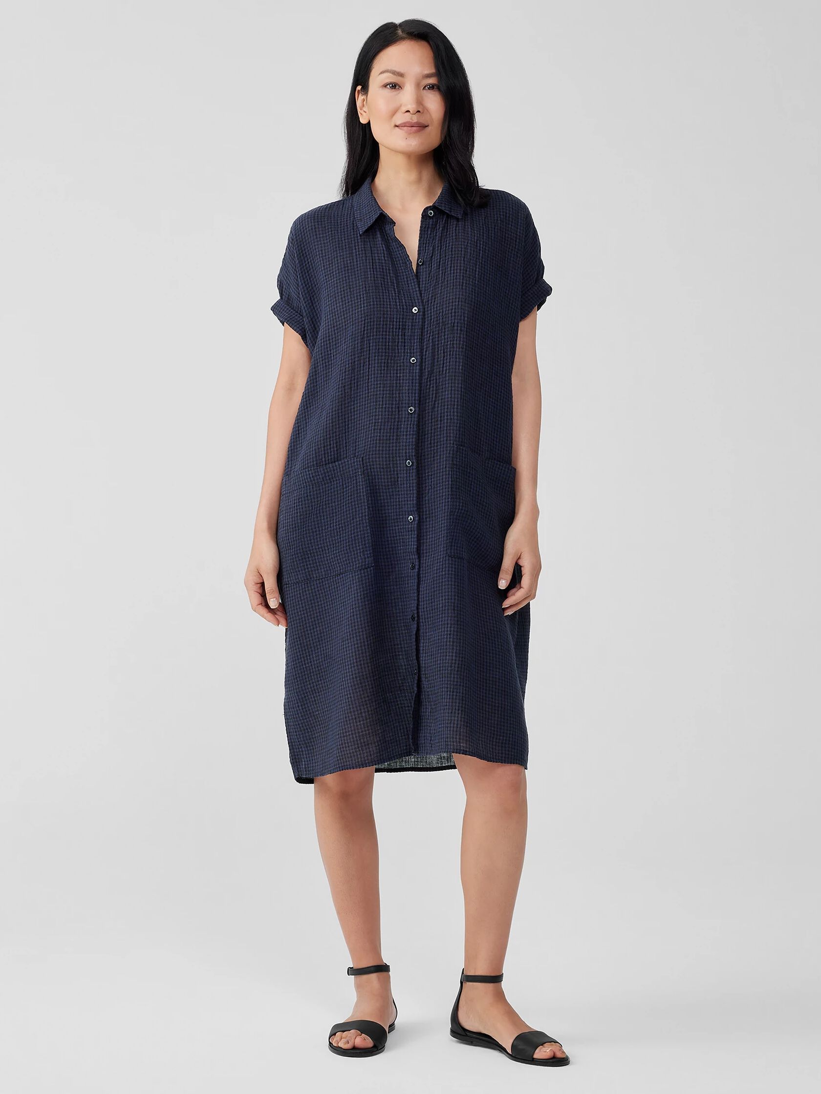 Puckered Organic Linen Classic Collar Dress | EILEEN FISHER