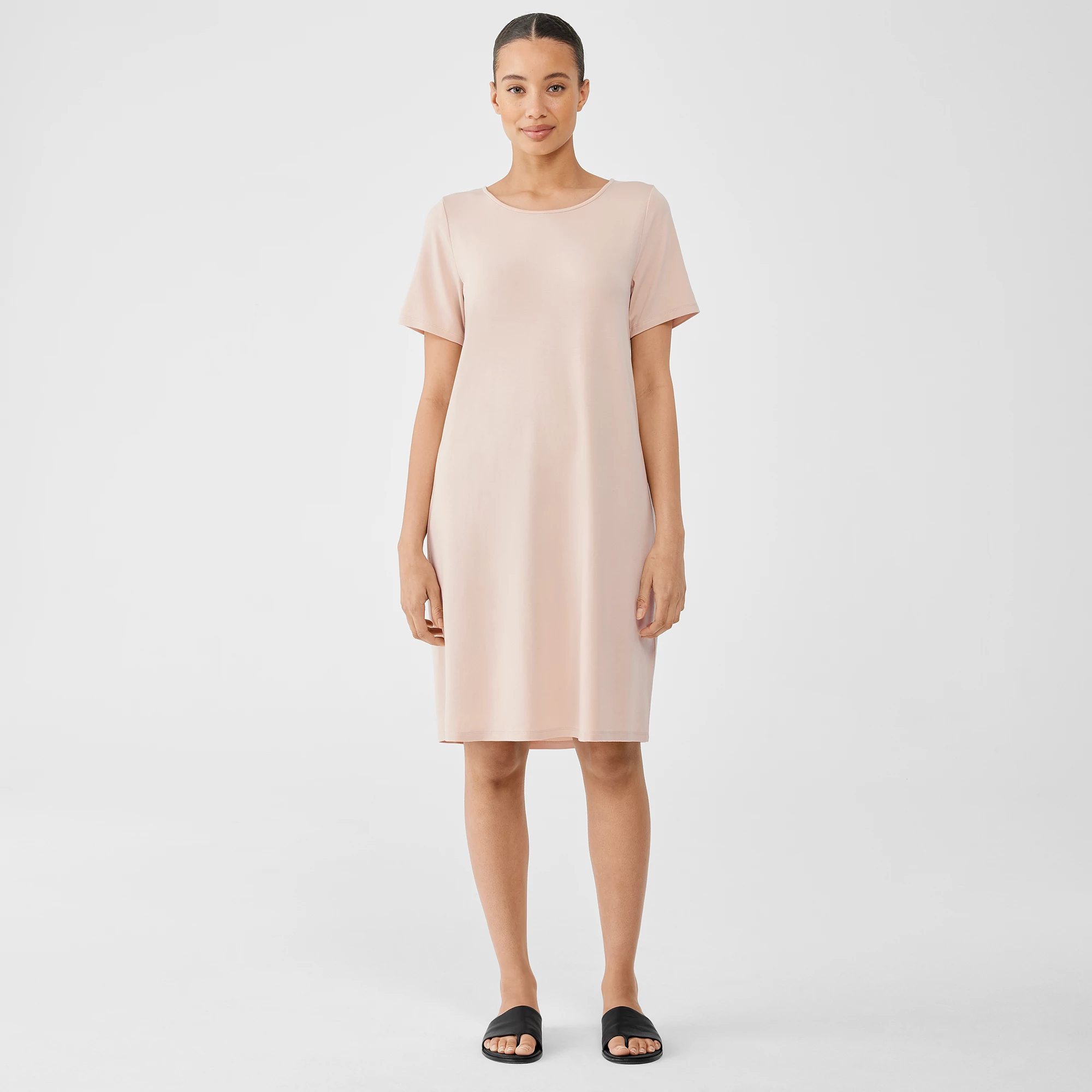 Stretch Jersey Knit Jewel Neck Dress 