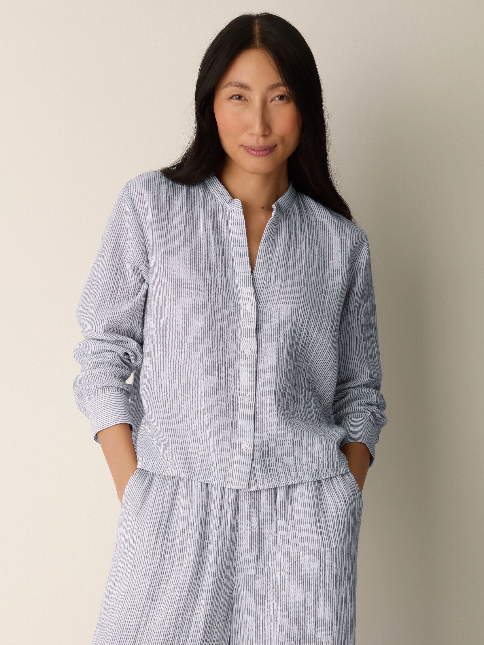 Striped Organic Cotton Gauze Band Collar Shirt