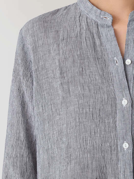 Puckered Organic Linen Stripe Band Collar Shirtdress