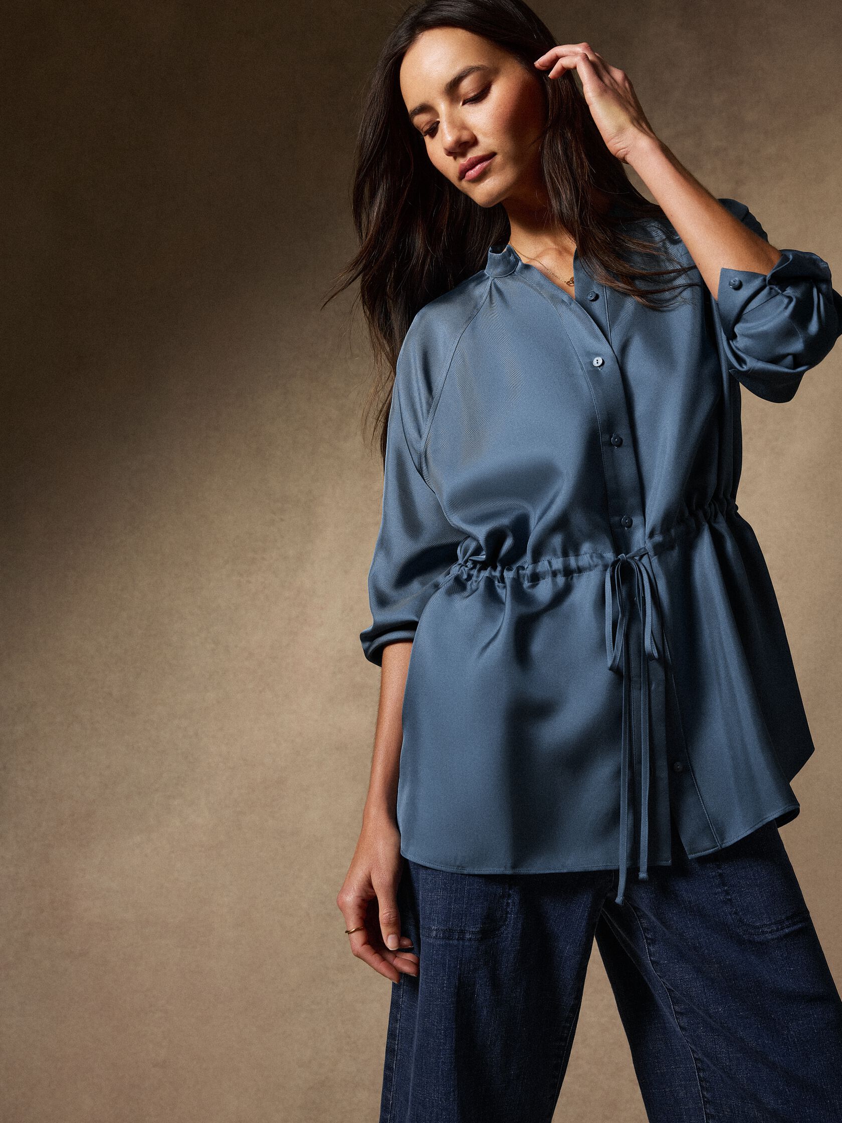 Silk Twill Band Collar Shirt