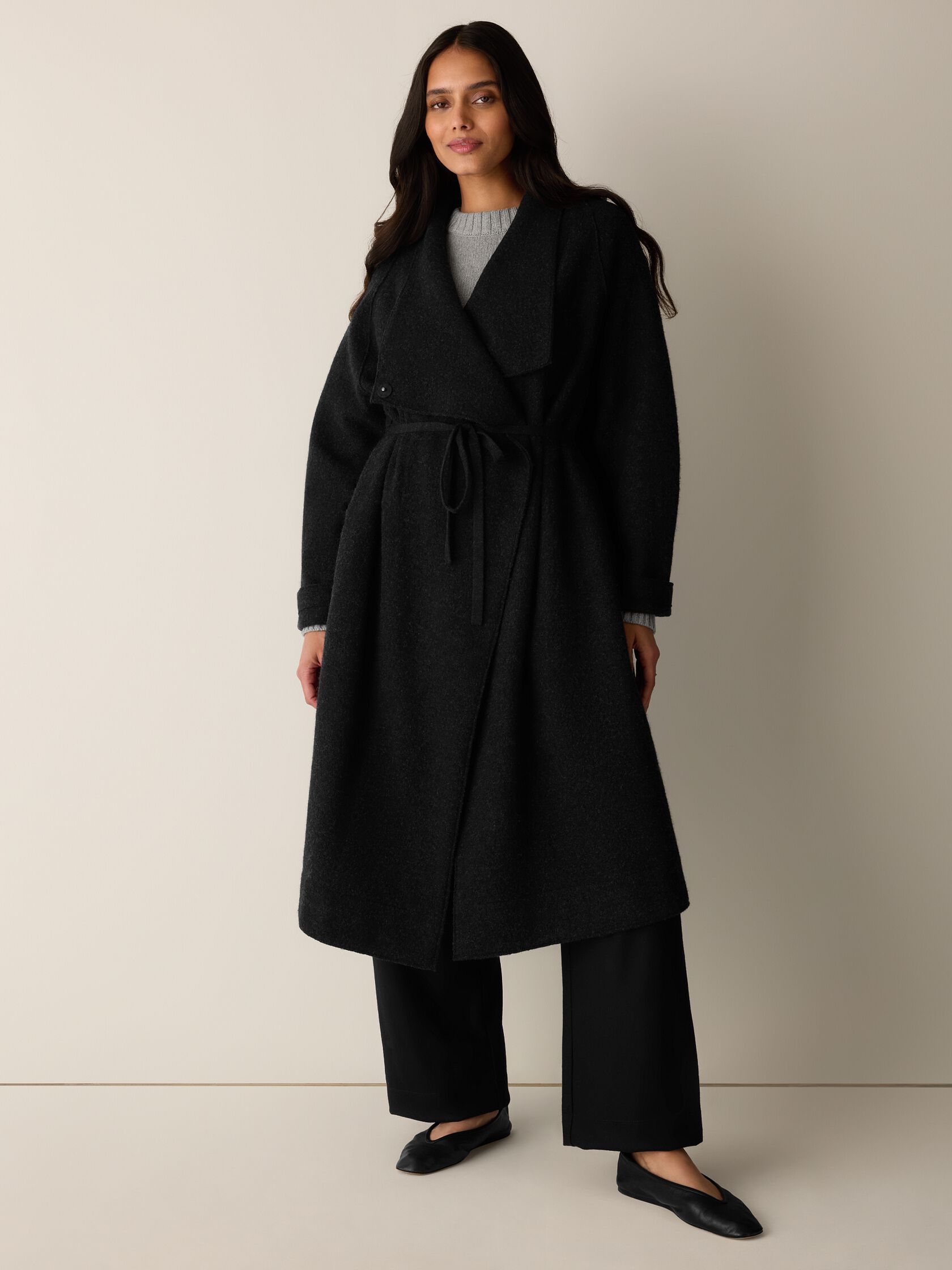 Lightweight Boiled Wool Drape Neck Coat in Regenerative Wool