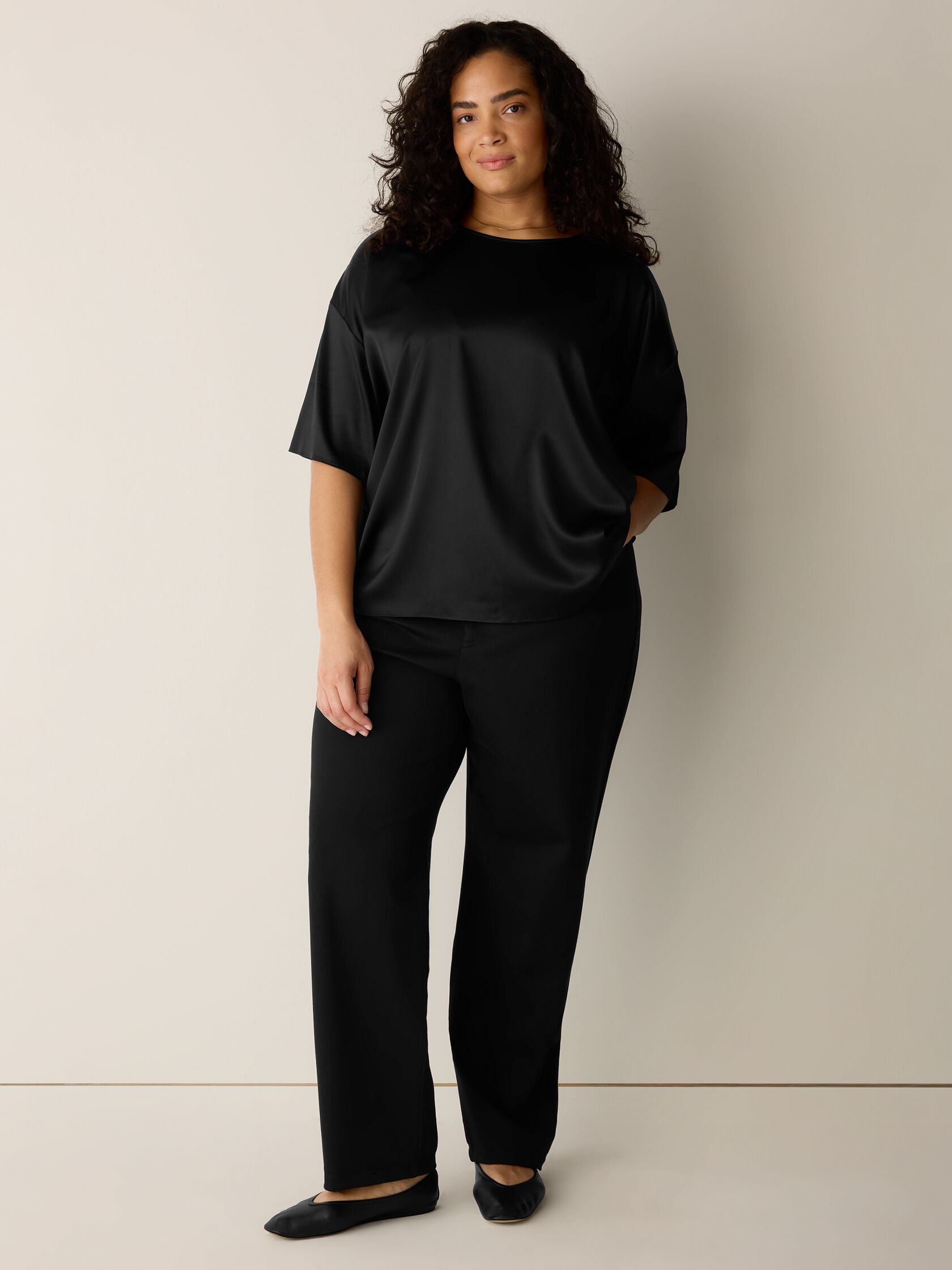Stretch Silk Charmeuse Round Neck Top