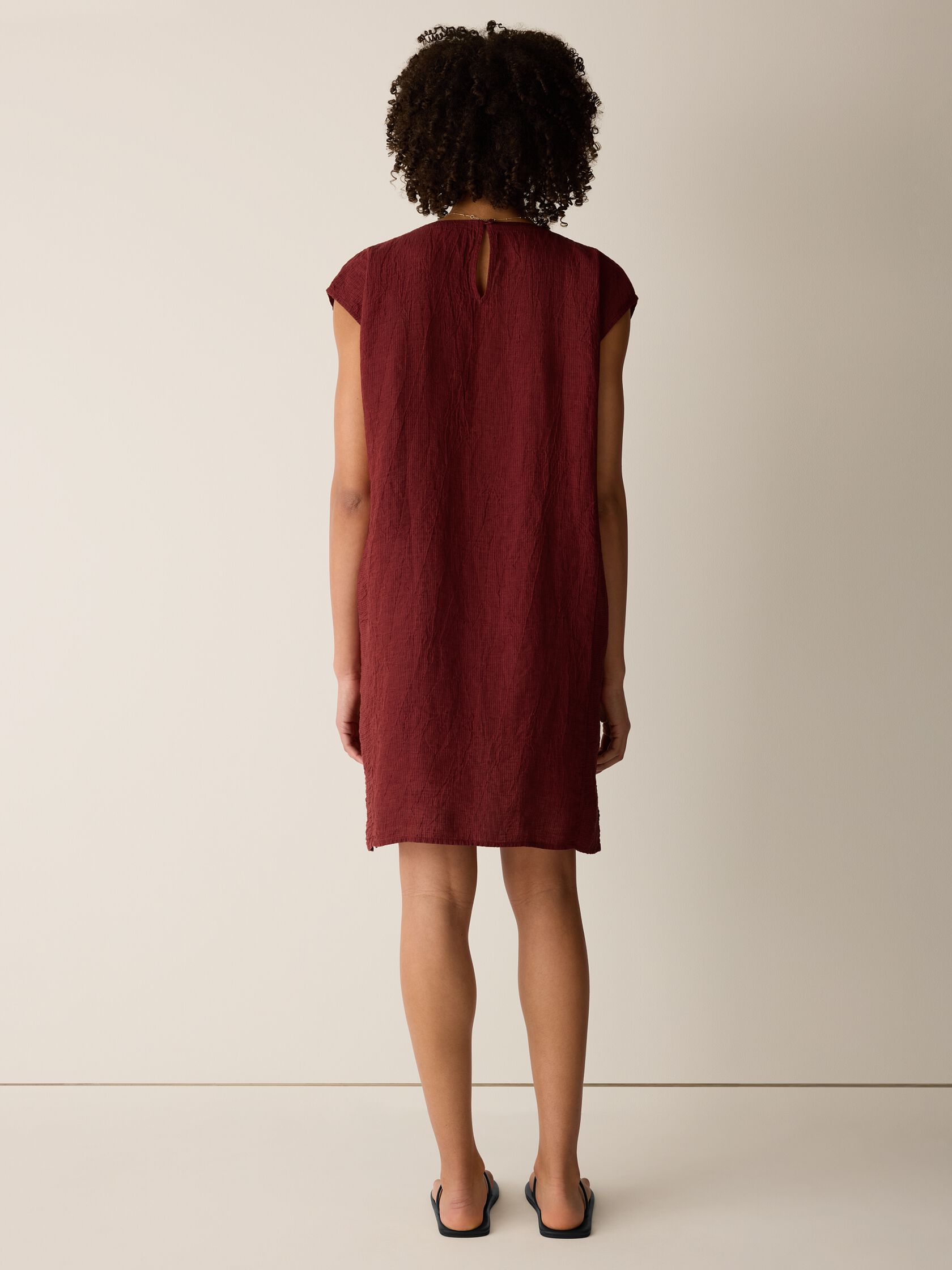 Puckered Organic Linen Stripe Jewel Neck Dress