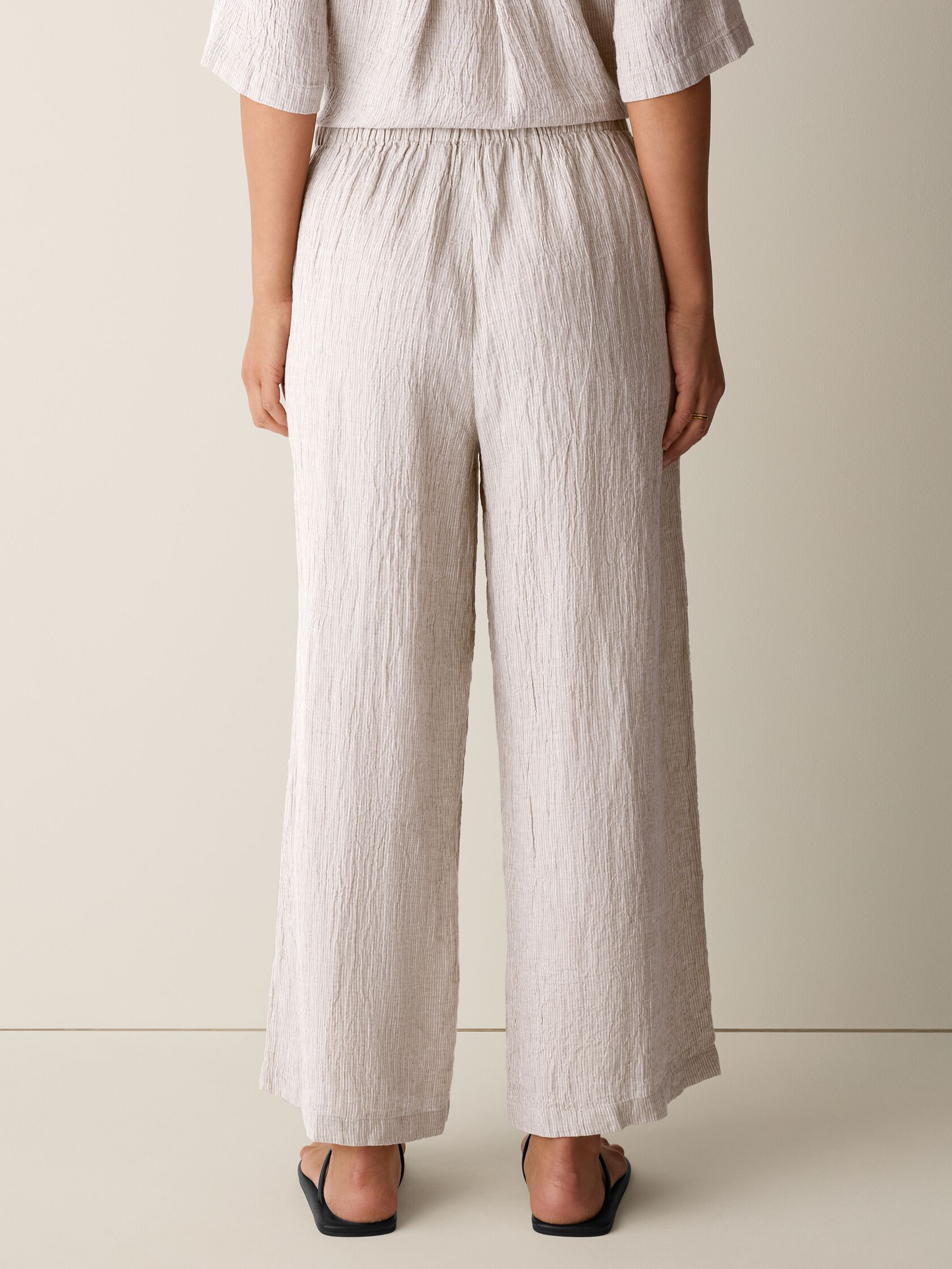 Puckered Organic Linen Stripe Wide-Leg Pant