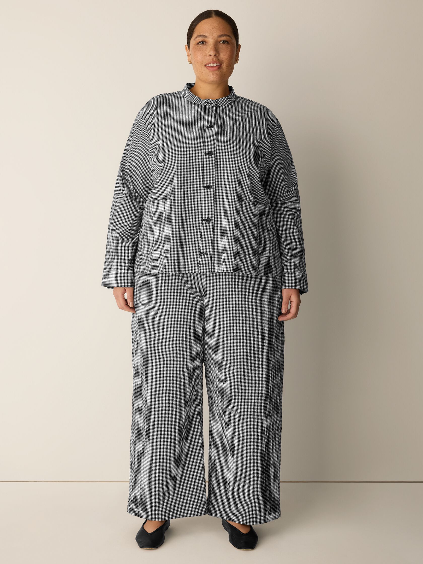 Organic Cotton Pucker Check Wide-Leg Pant