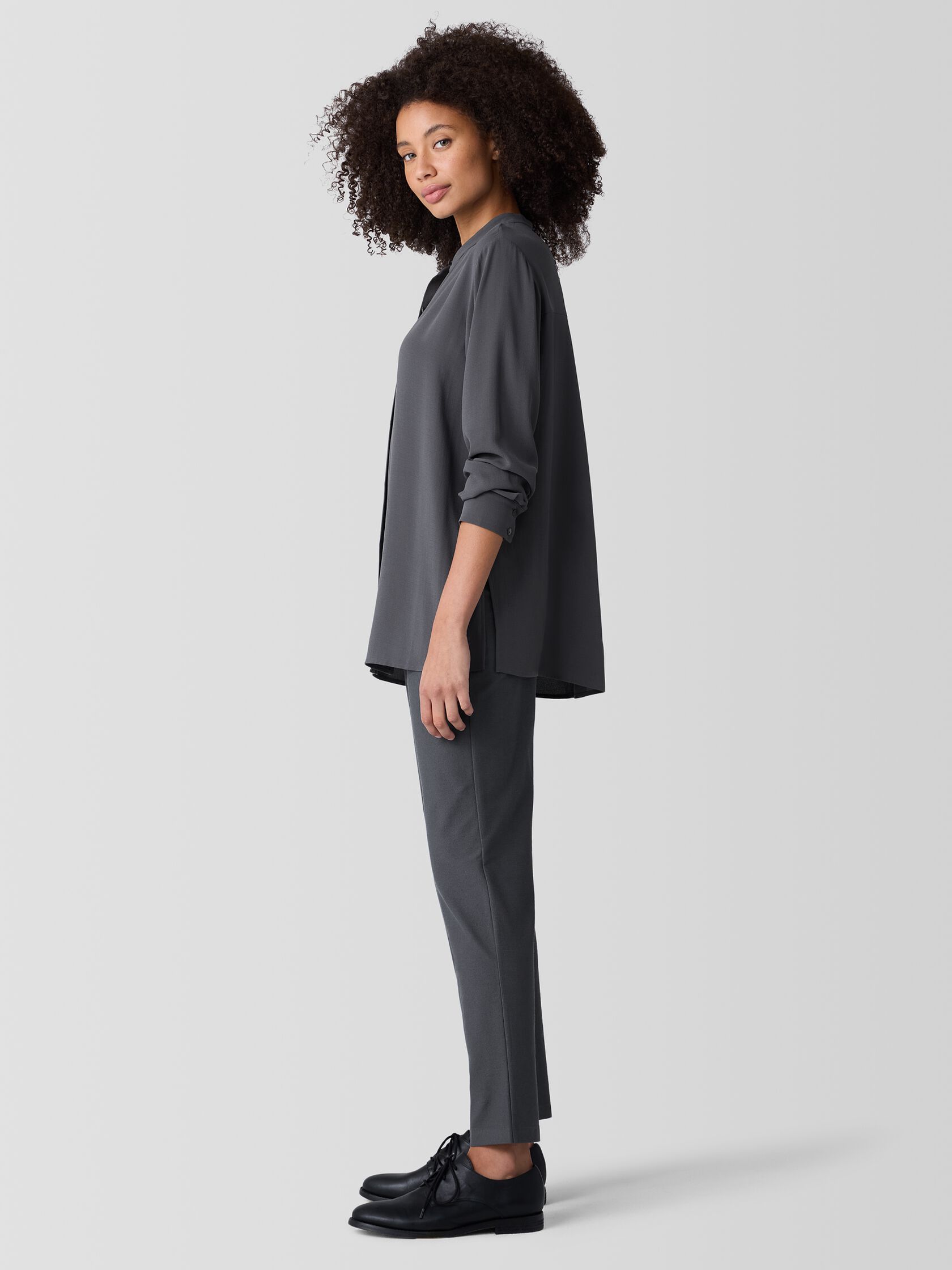 Silk Georgette Crepe Band Collar Shirt