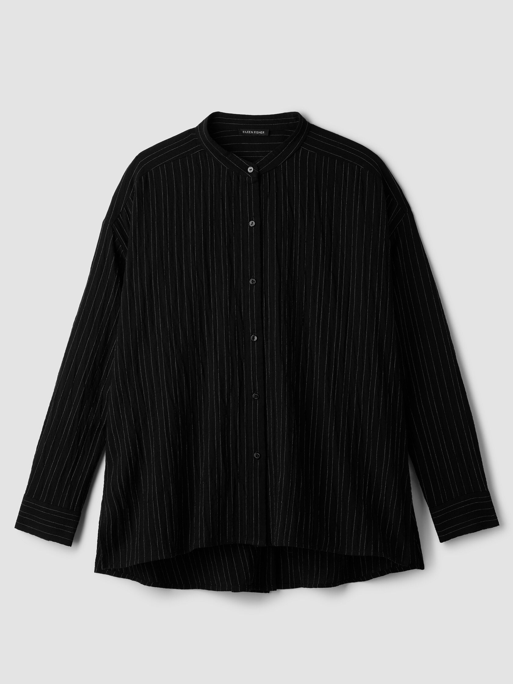Striped Organic Cotton Twill Band Collar Shirt