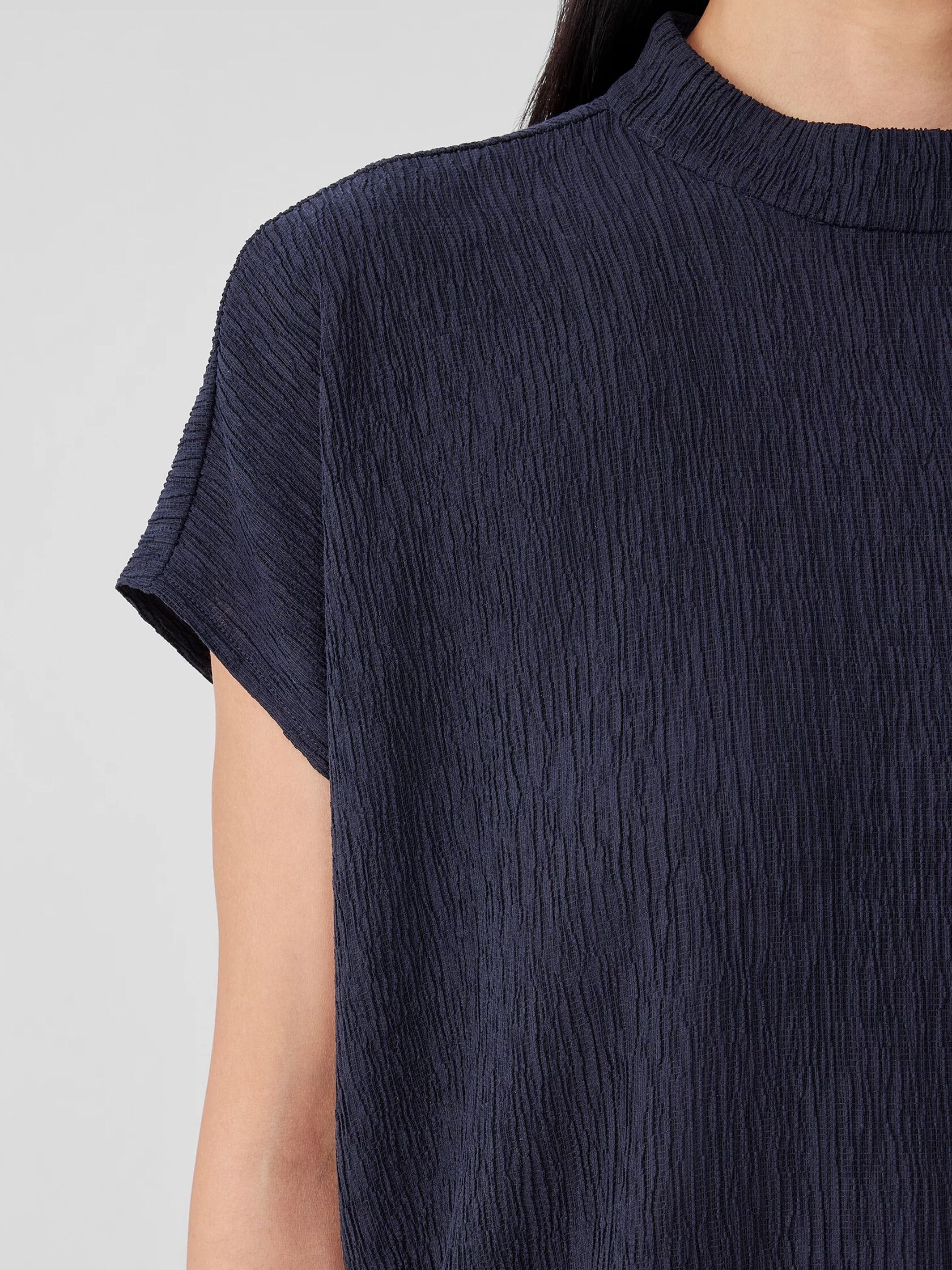 Woven Plissé Mock Neck Top