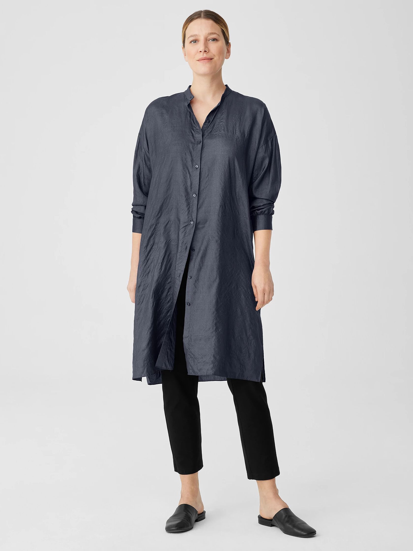 Washed Silk Tussah Mandarin Collar Shirtdress