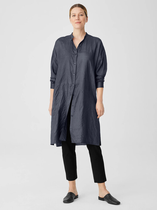 Washed Silk Tussah Mandarin Collar Shirtdress