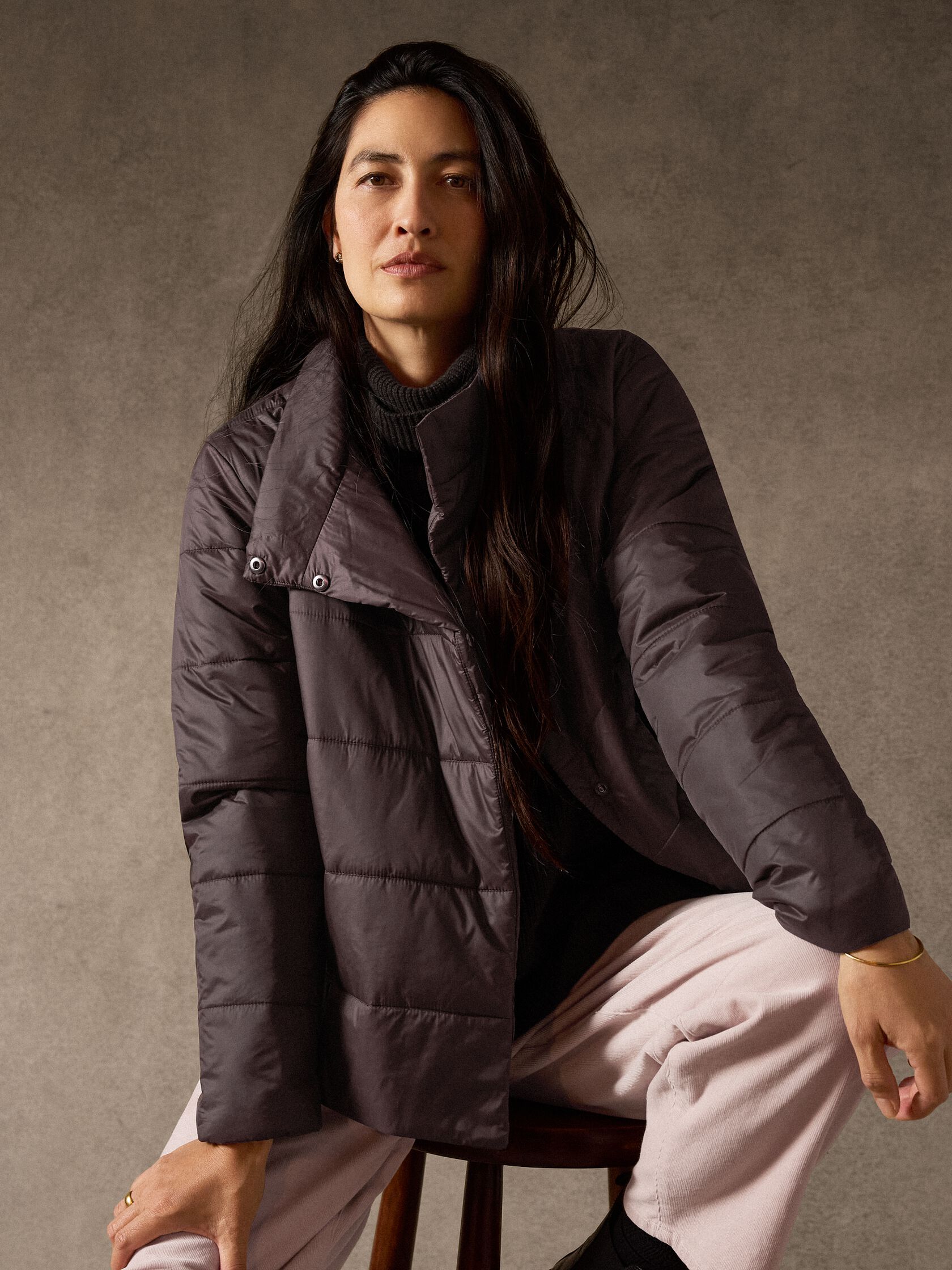 Eggshell Recycled Nylon Stand Collar Quilted Coat