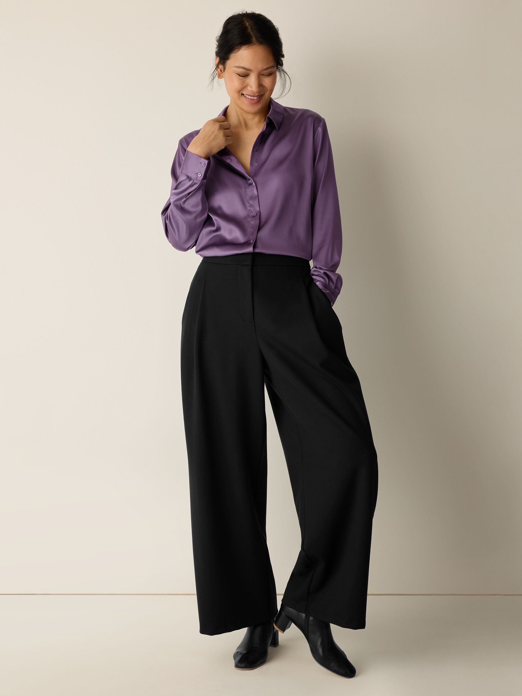 Stretch Silk Charmeuse Classic Collar Shirt