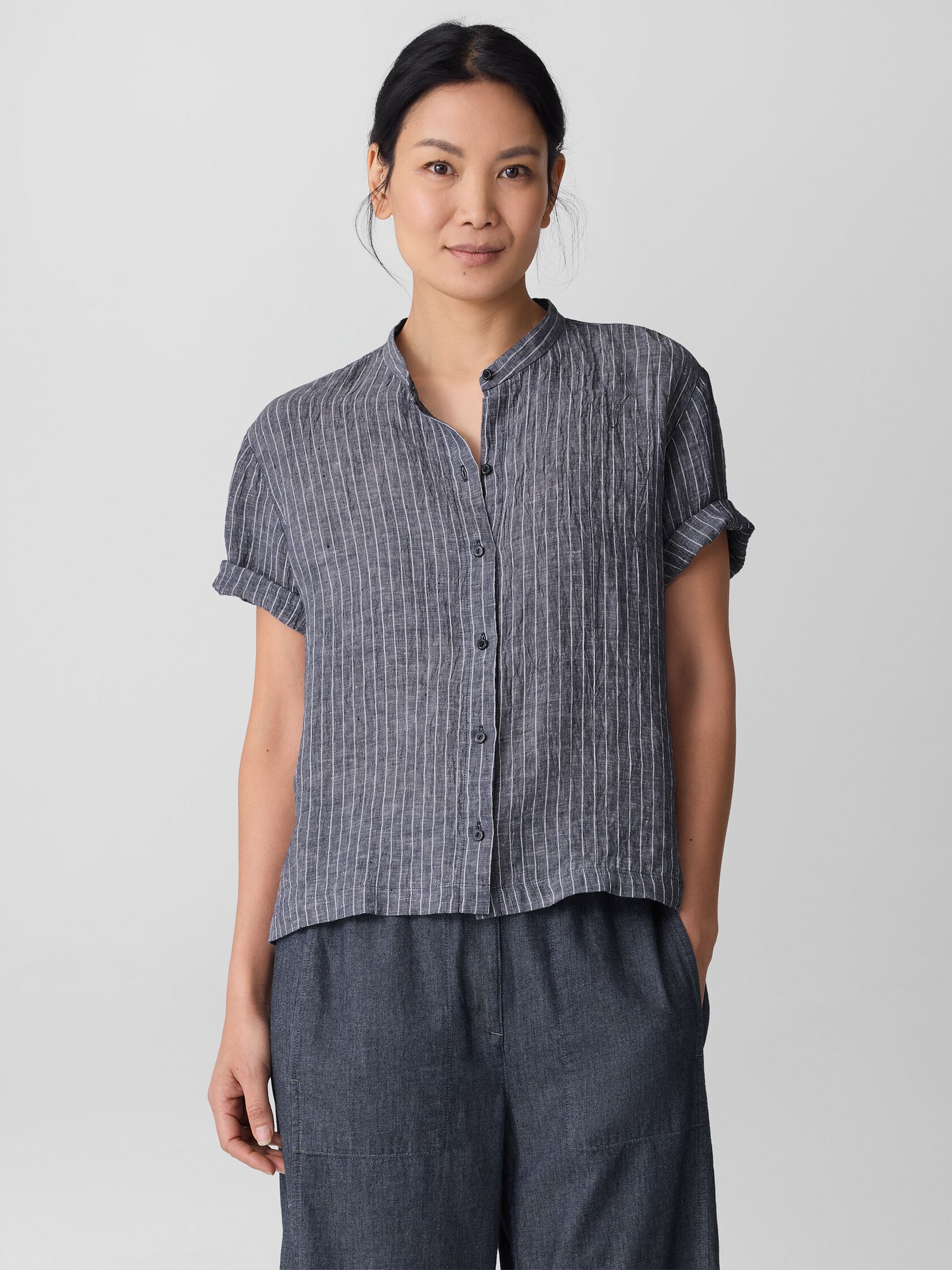 Puckered Organic Linen Band Collar Shirt