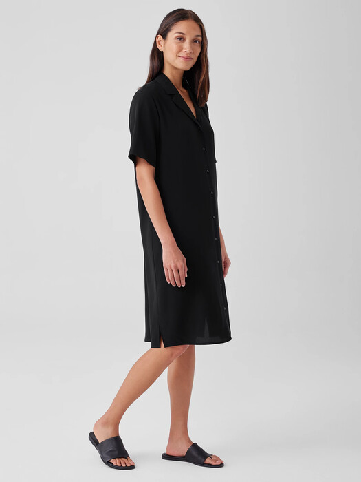 Silk Georgette Crepe Notch Collar Dress