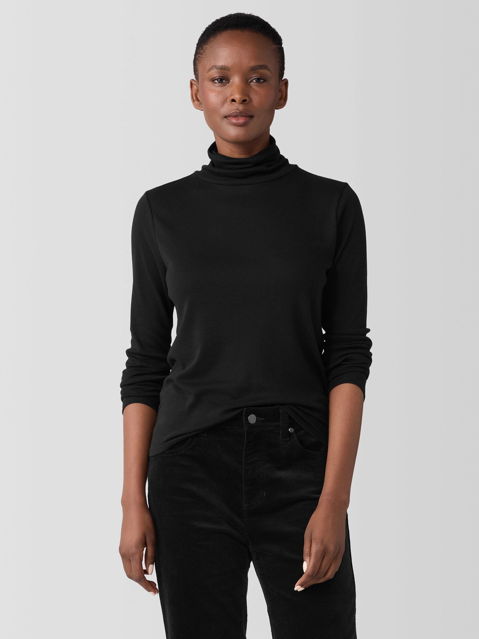 Ribbed Pima Cotton Blend Turtleneck Top