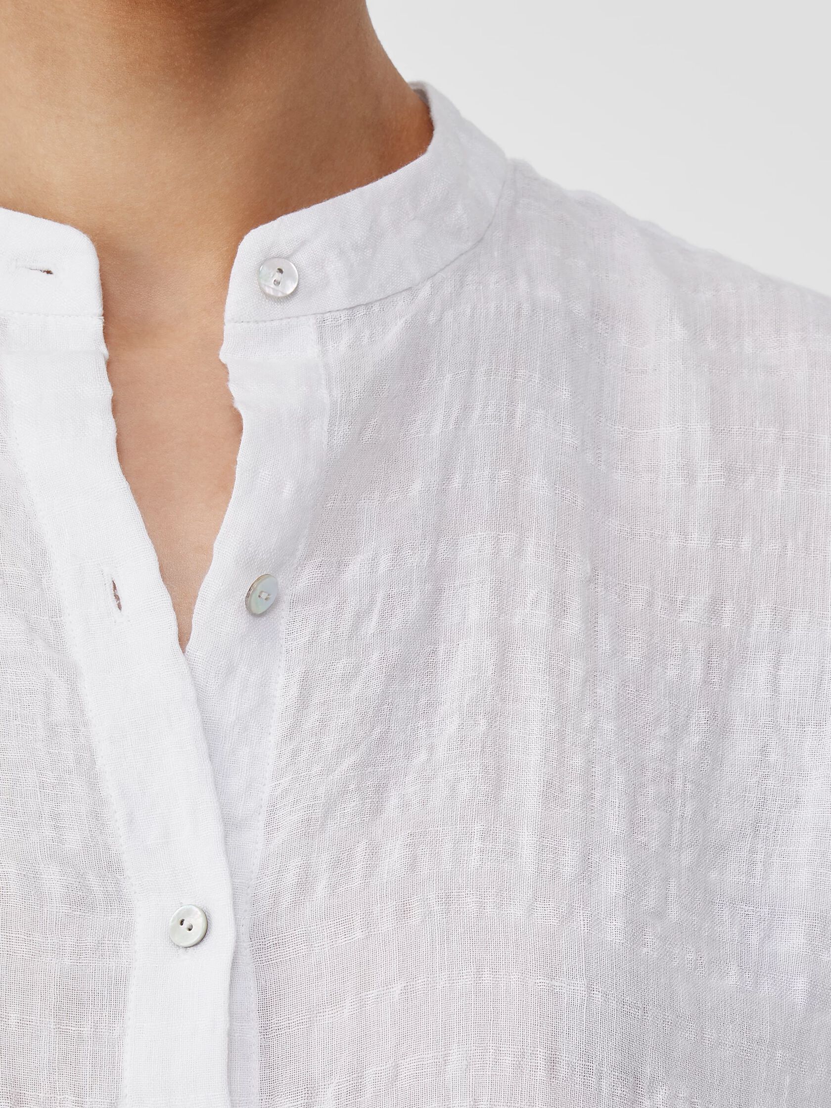 Linen Cotton Sheer Check Mandarin Collar Long Shirt