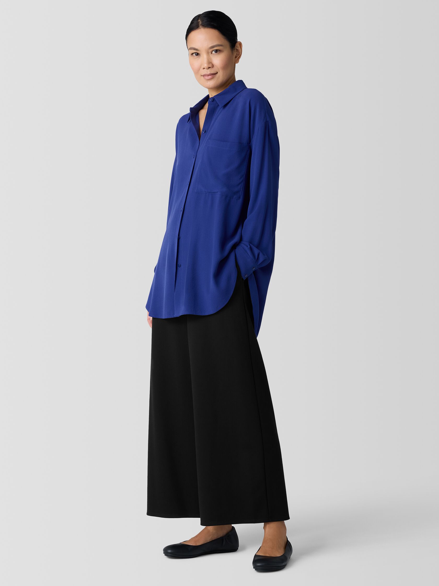 Silk Georgette Crepe Classic Collar Long Shirt