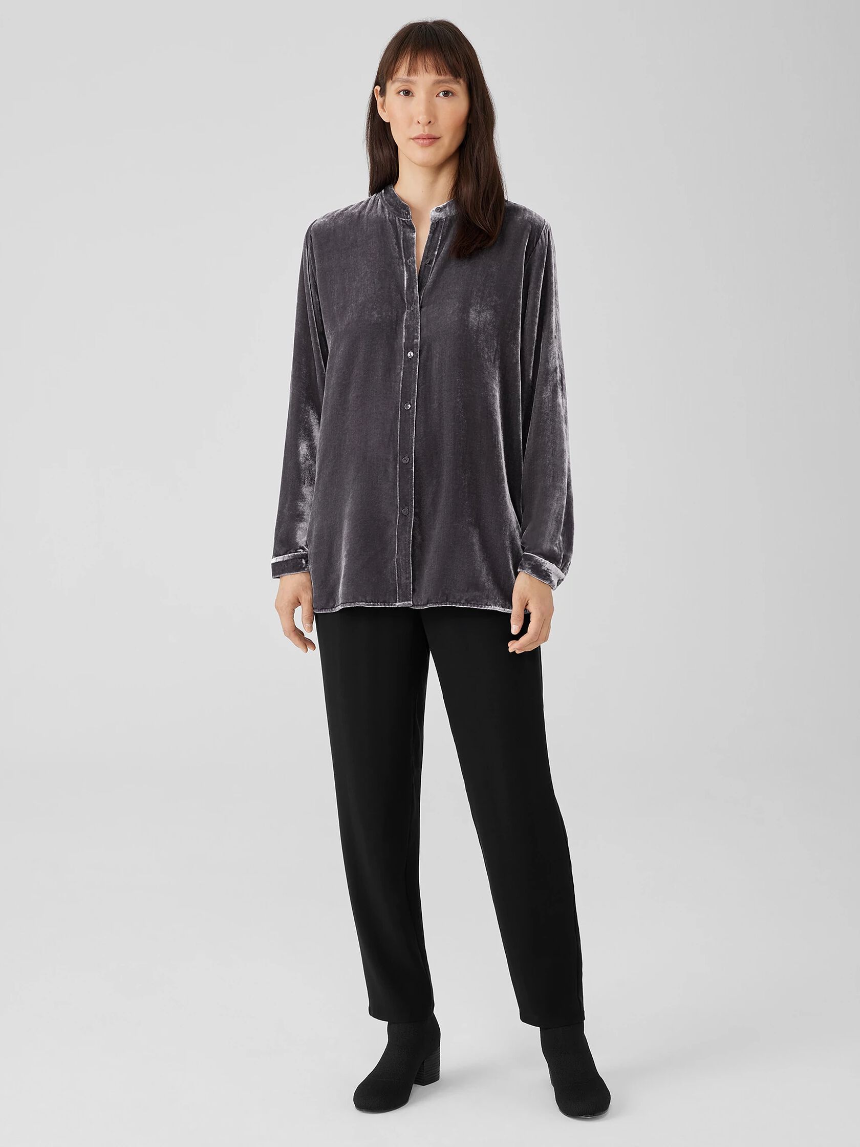 Velvet Band Collar Long Shirt