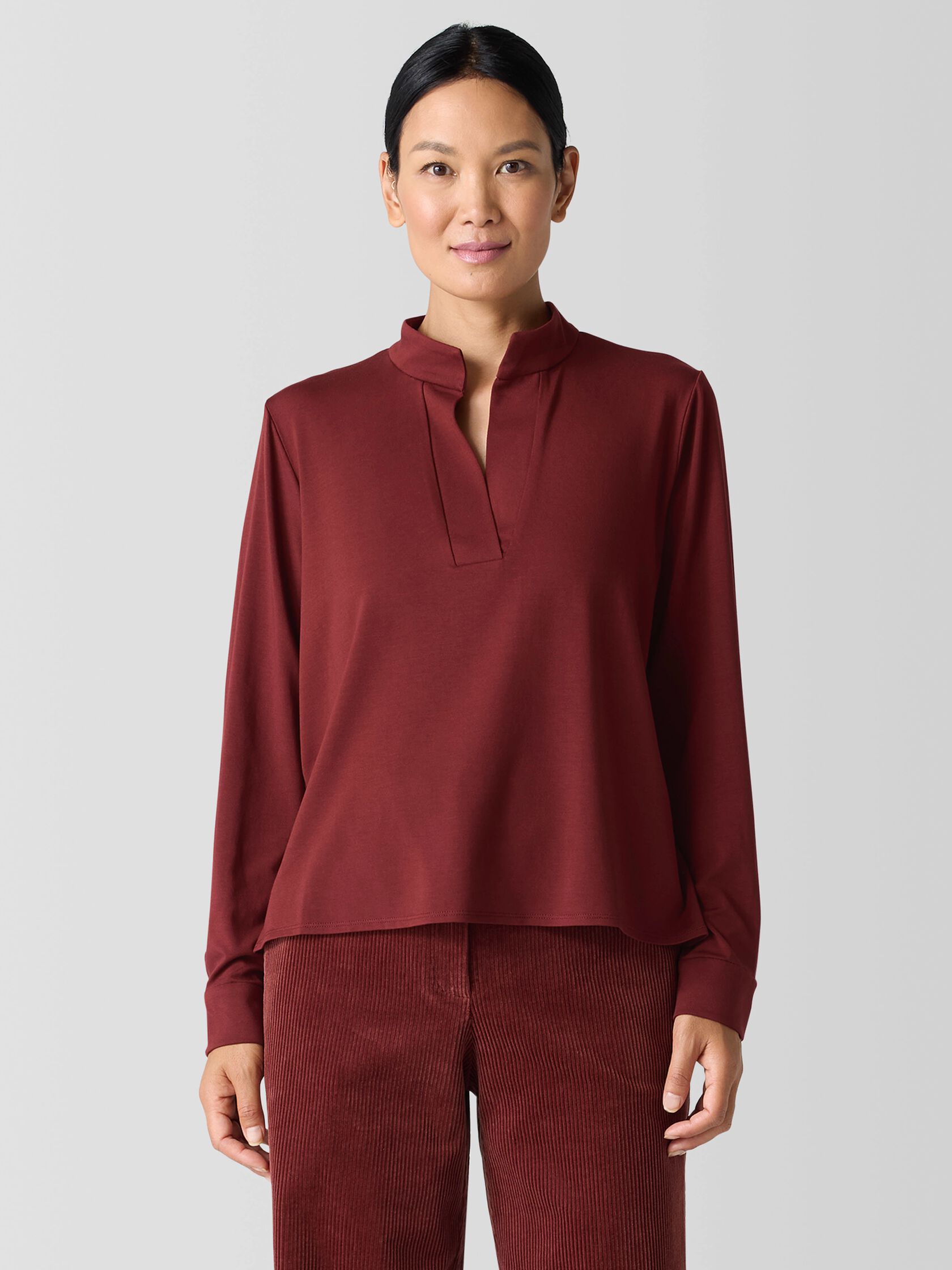 Stretch Jersey Knit Band Collar Top