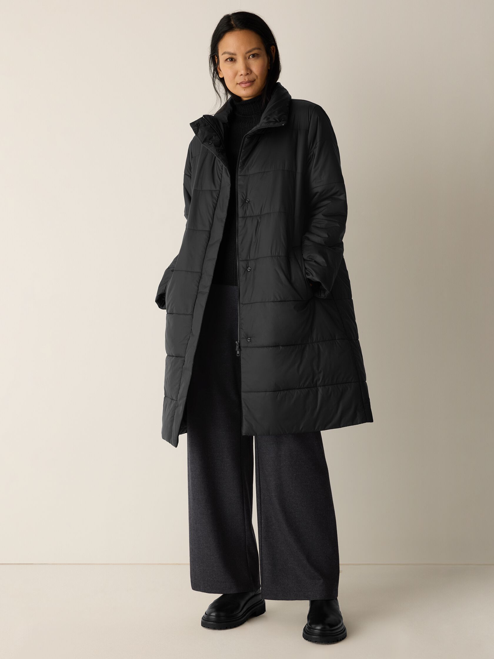 Eggshell Recycled Nylon Stand Collar Coat
