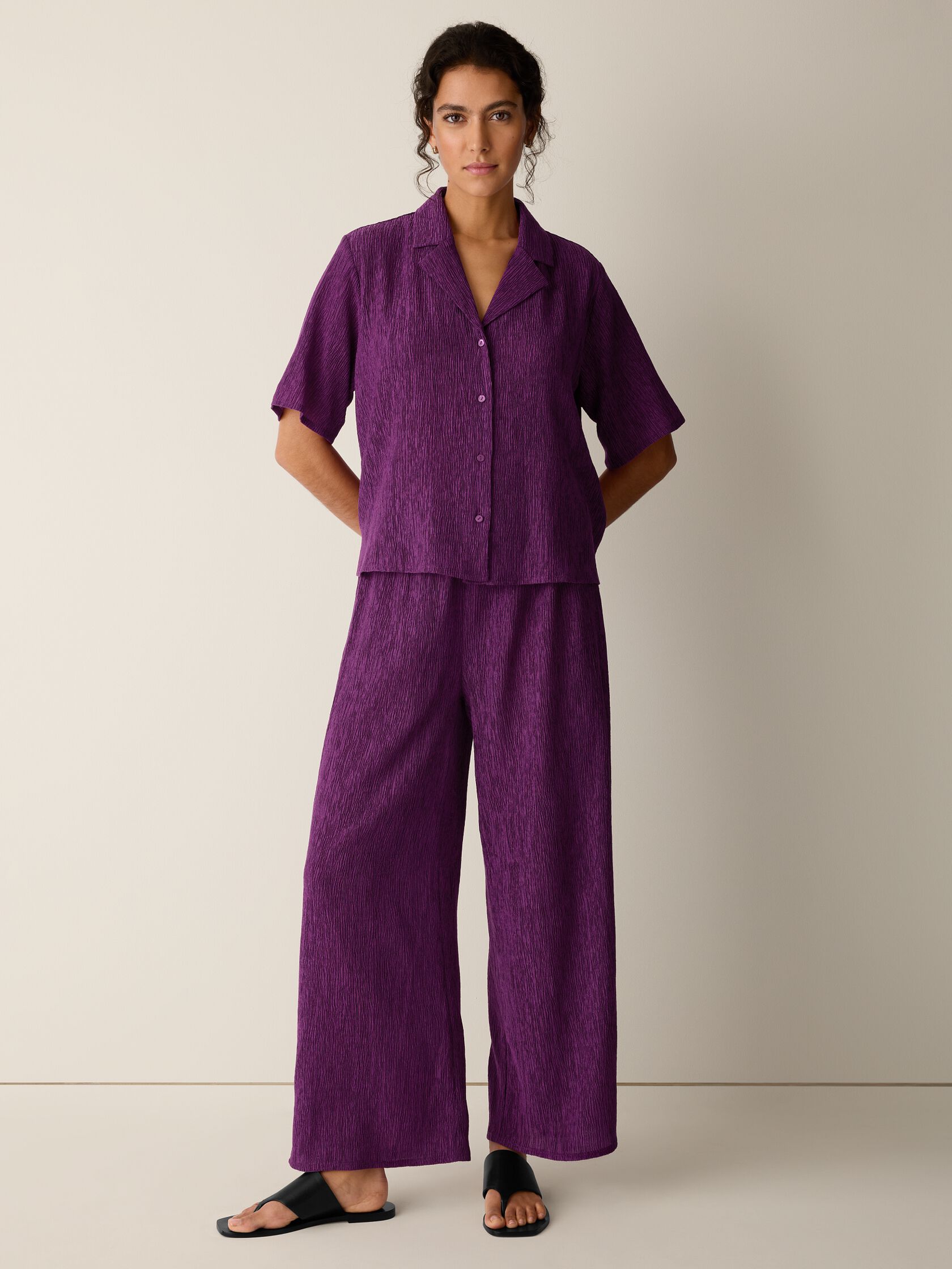 Woven Pliss&eacute; Notch Collar Shirt