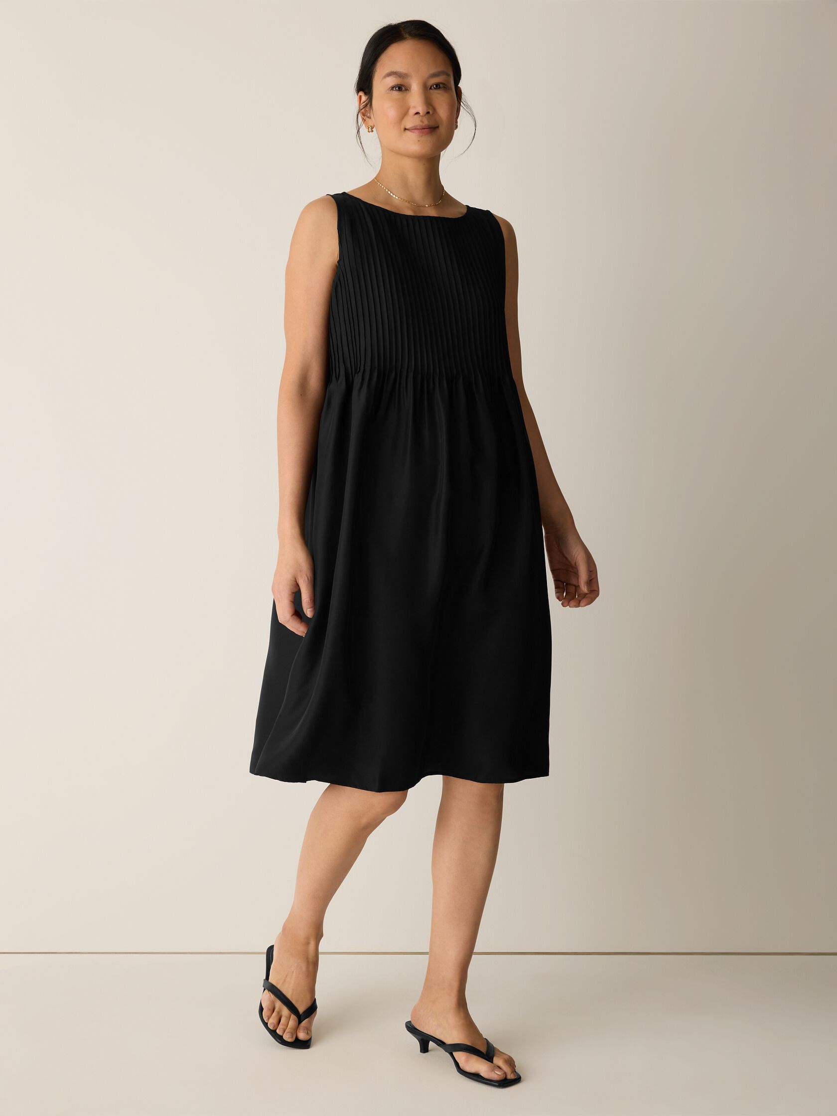 Pleated Silk Bateau Neck Dress