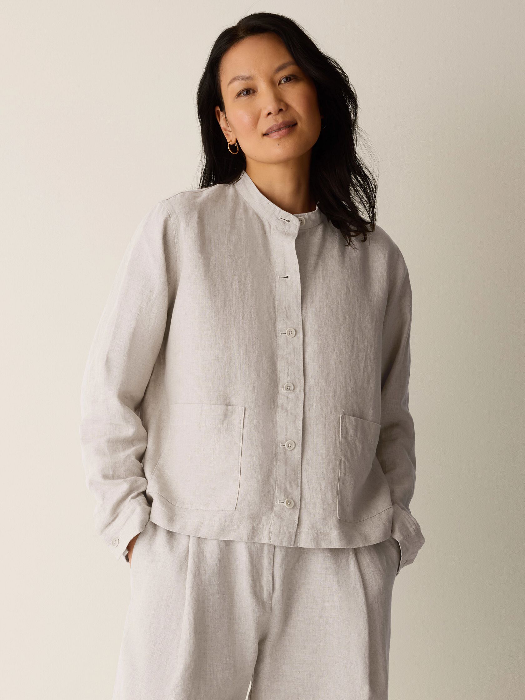 Organic Linen Band Collar Shirt Jacket
