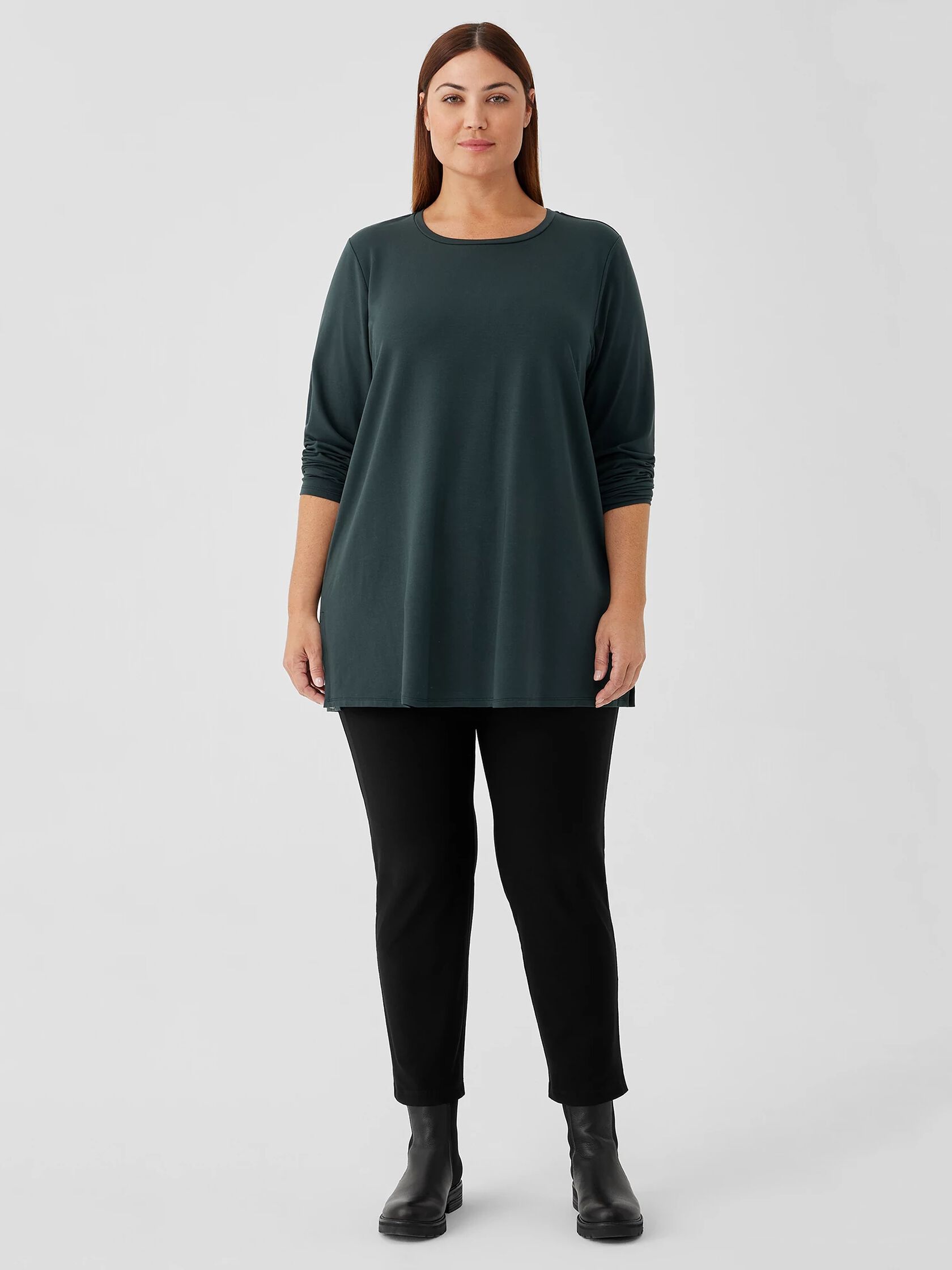 Stretch Jersey Knit Crew Neck Long Top