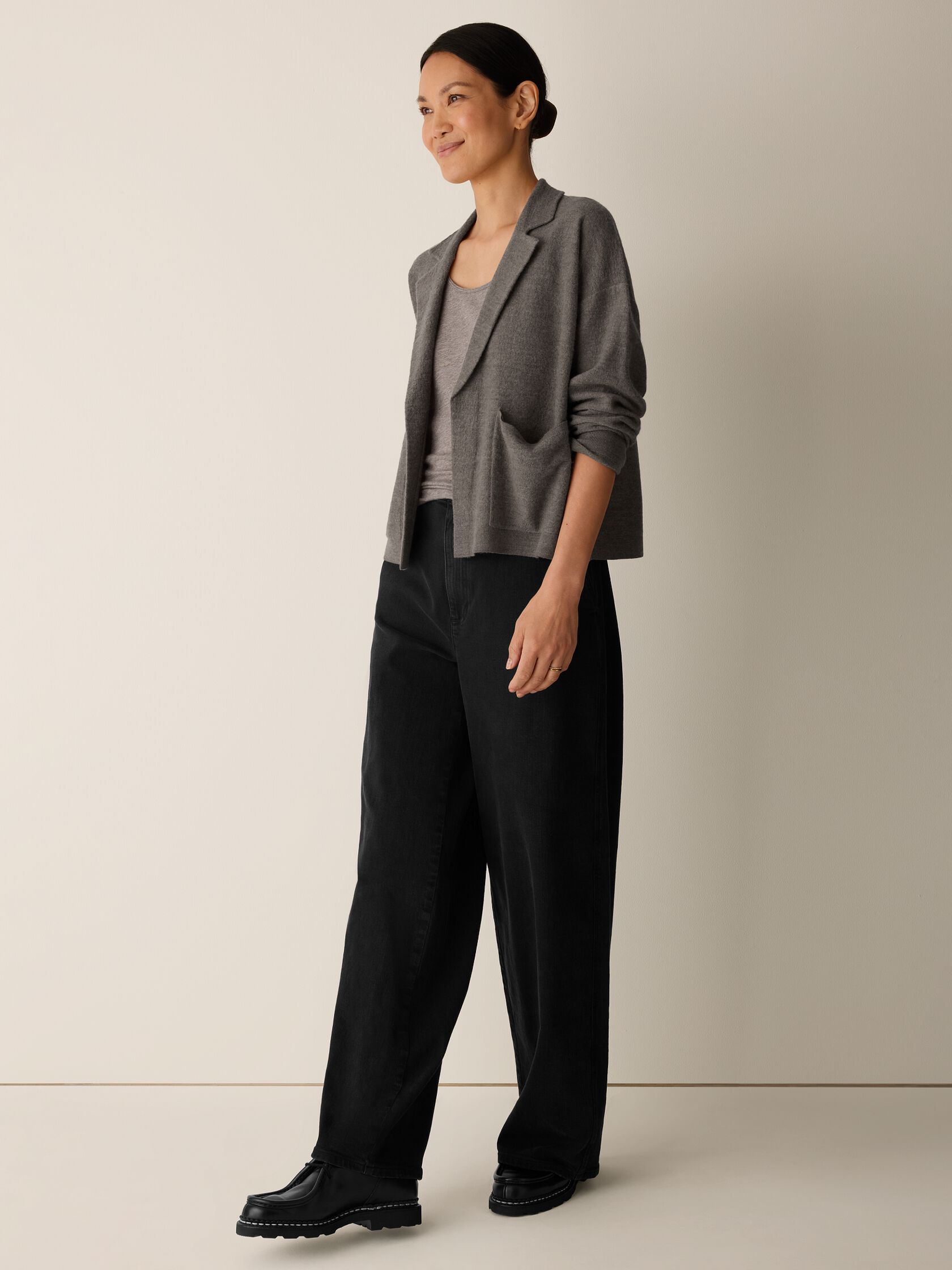 Fine Felted Wool Notch Collar Cardigan in Regenerative Wool