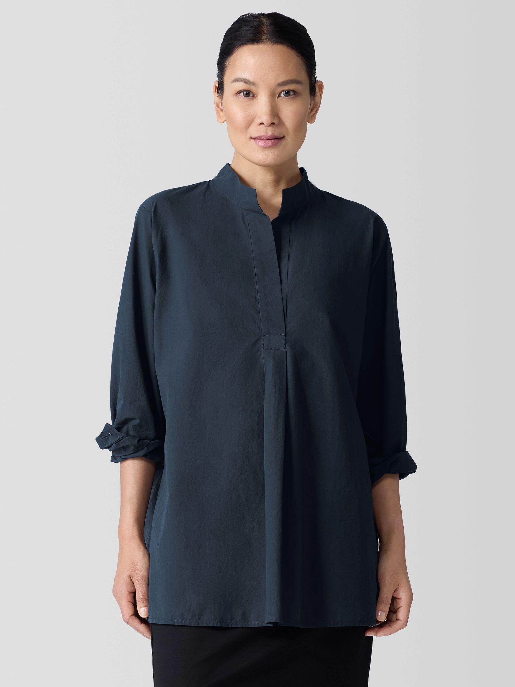 Washed Organic Cotton Poplin Stand Collar Top