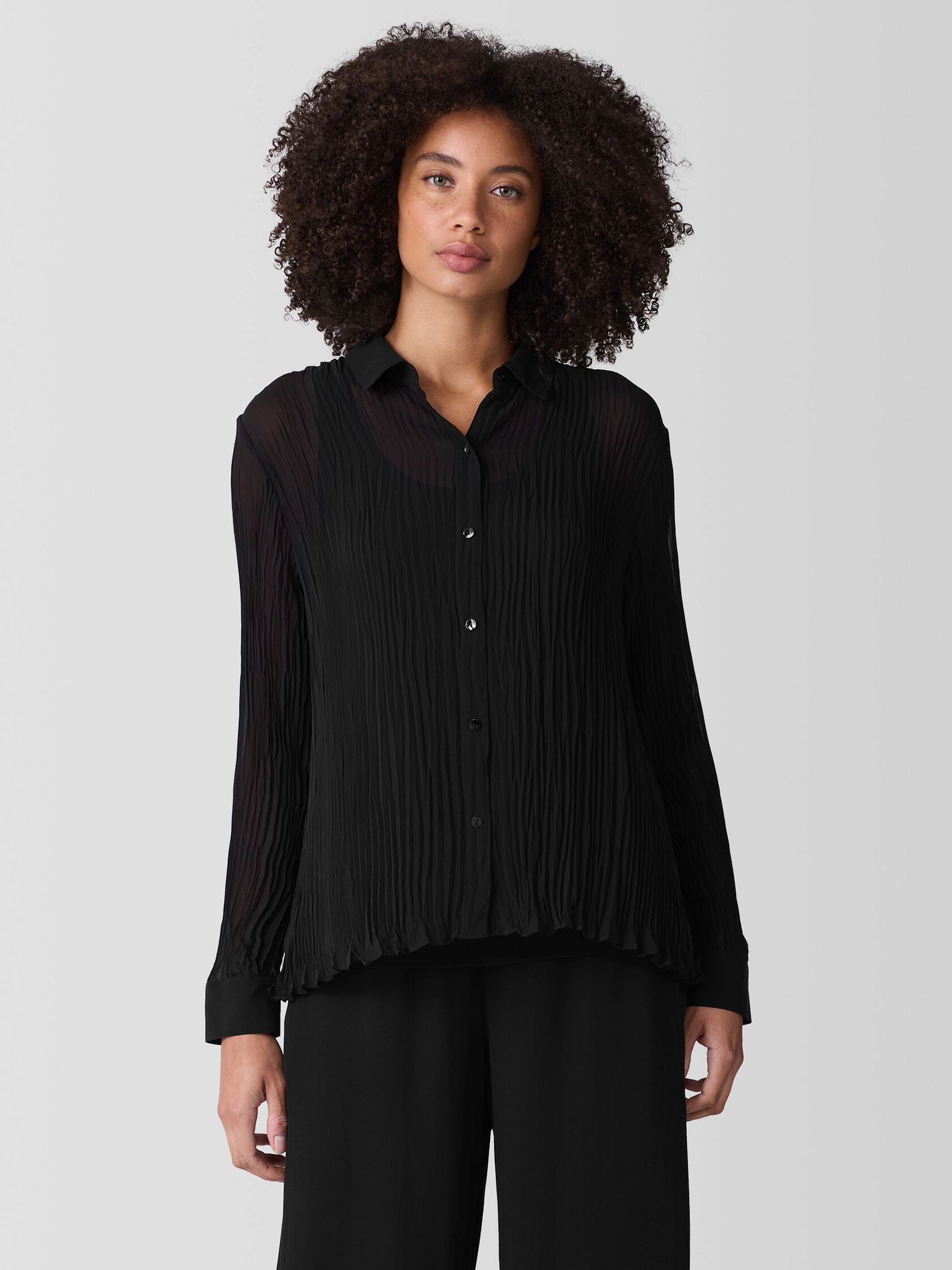 Crinkled Sheer Silk Georgette Classic Collar Shirt
