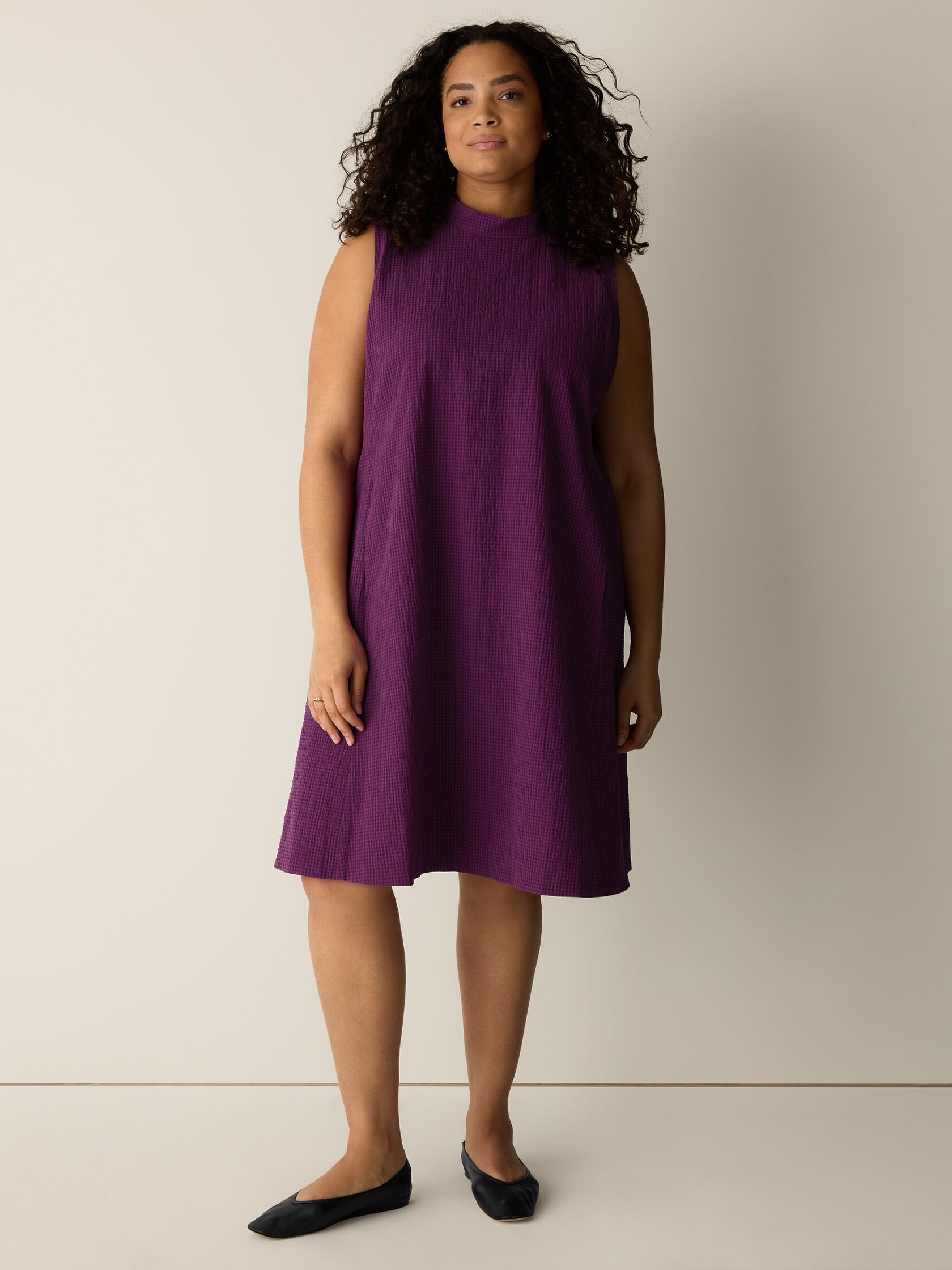 Organic Cotton Pucker Check Mock Neck Dress