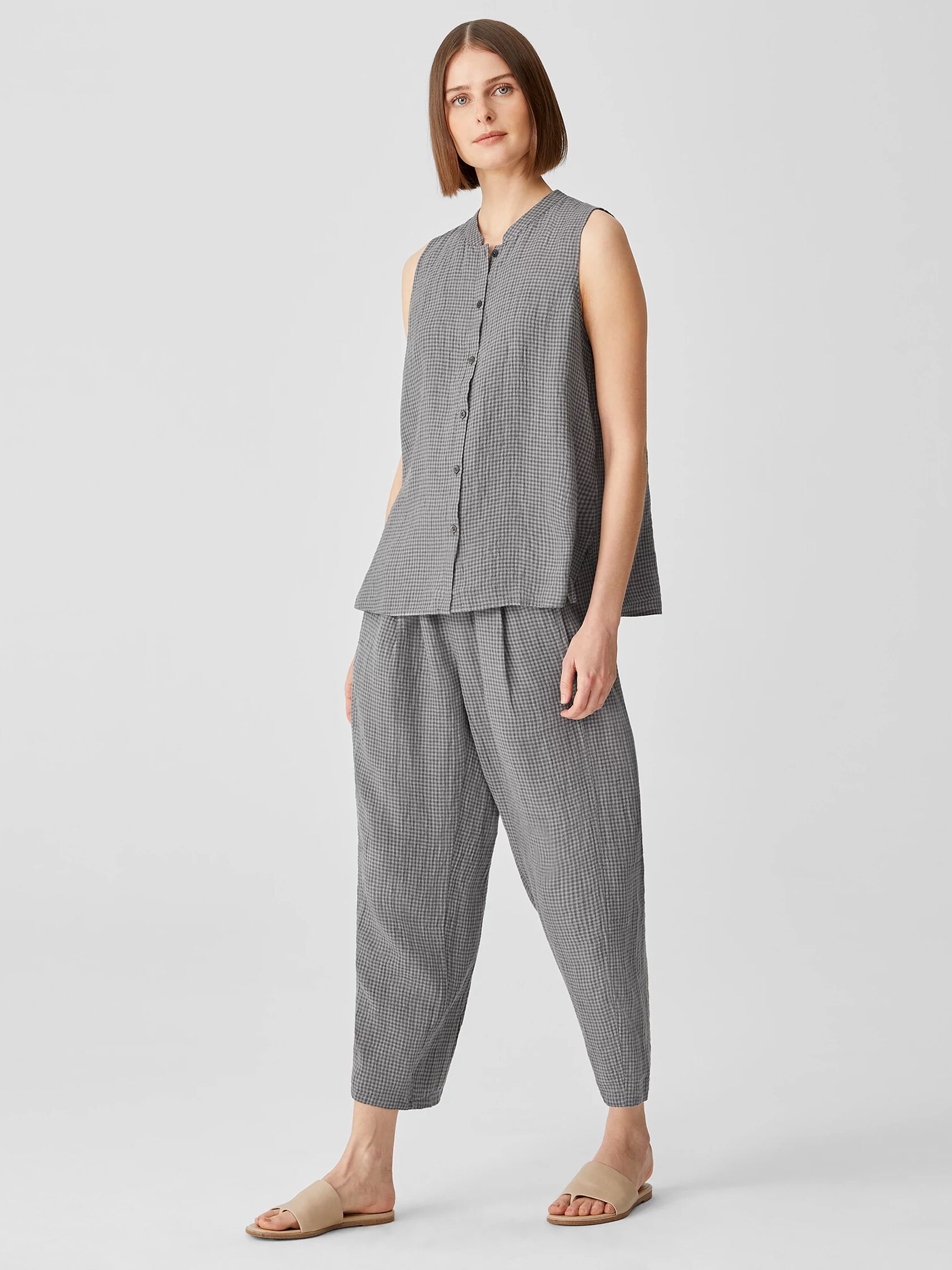 Puckered Organic Linen Mandarin Collar Shirt