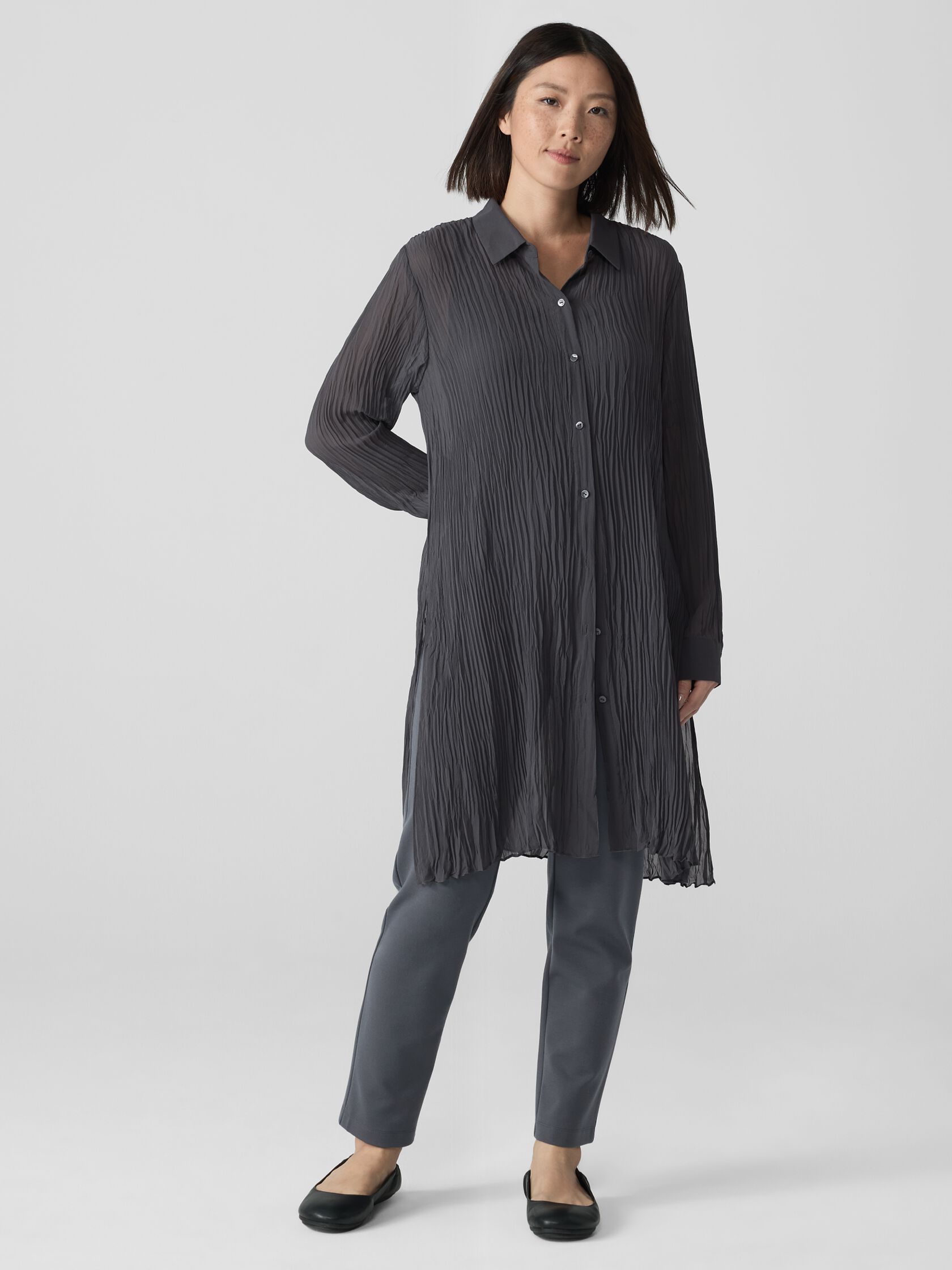 Crinkled Sheer Silk Georgette Long Shirt