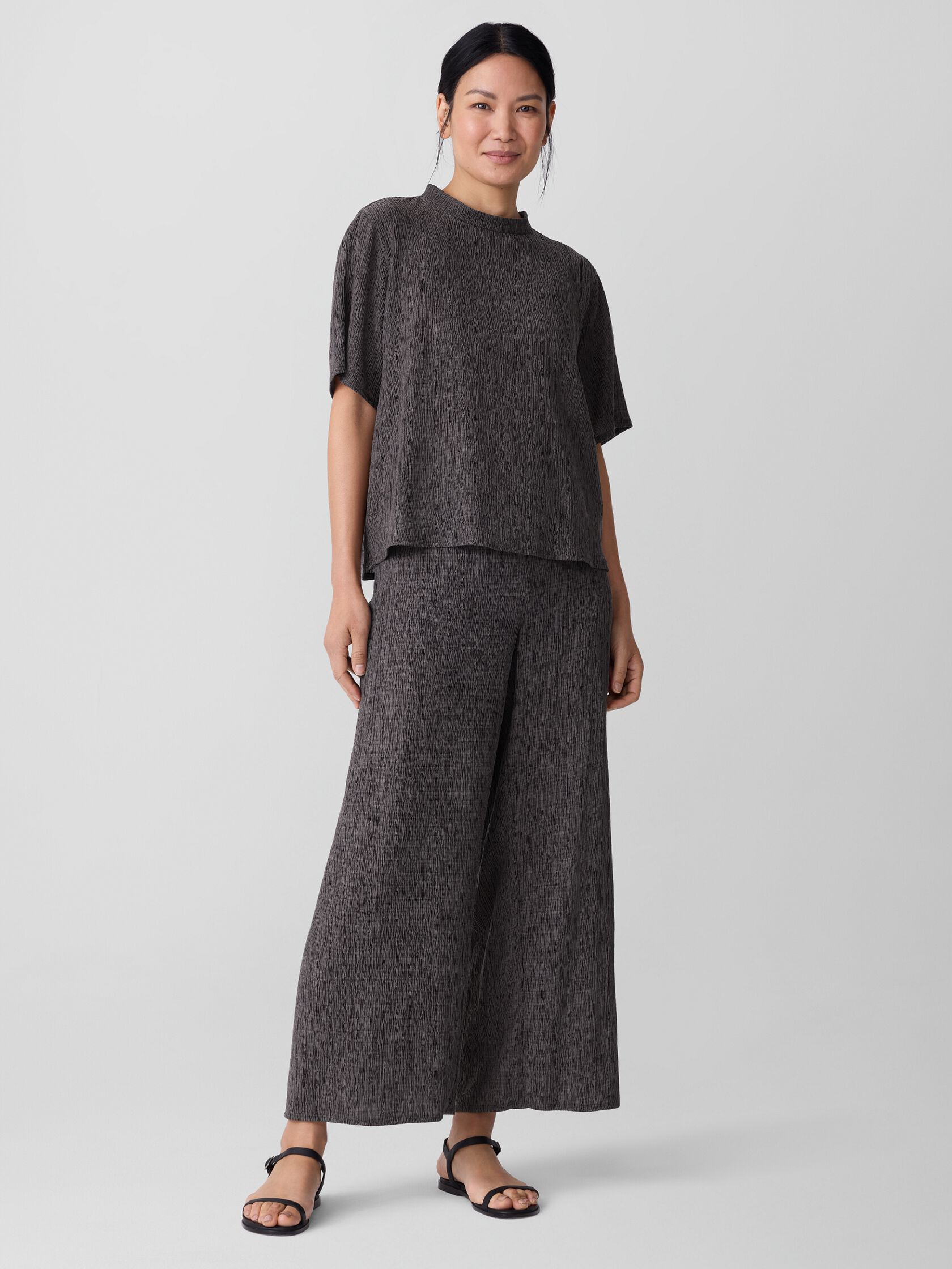 Woven Plissé Mock Neck Top